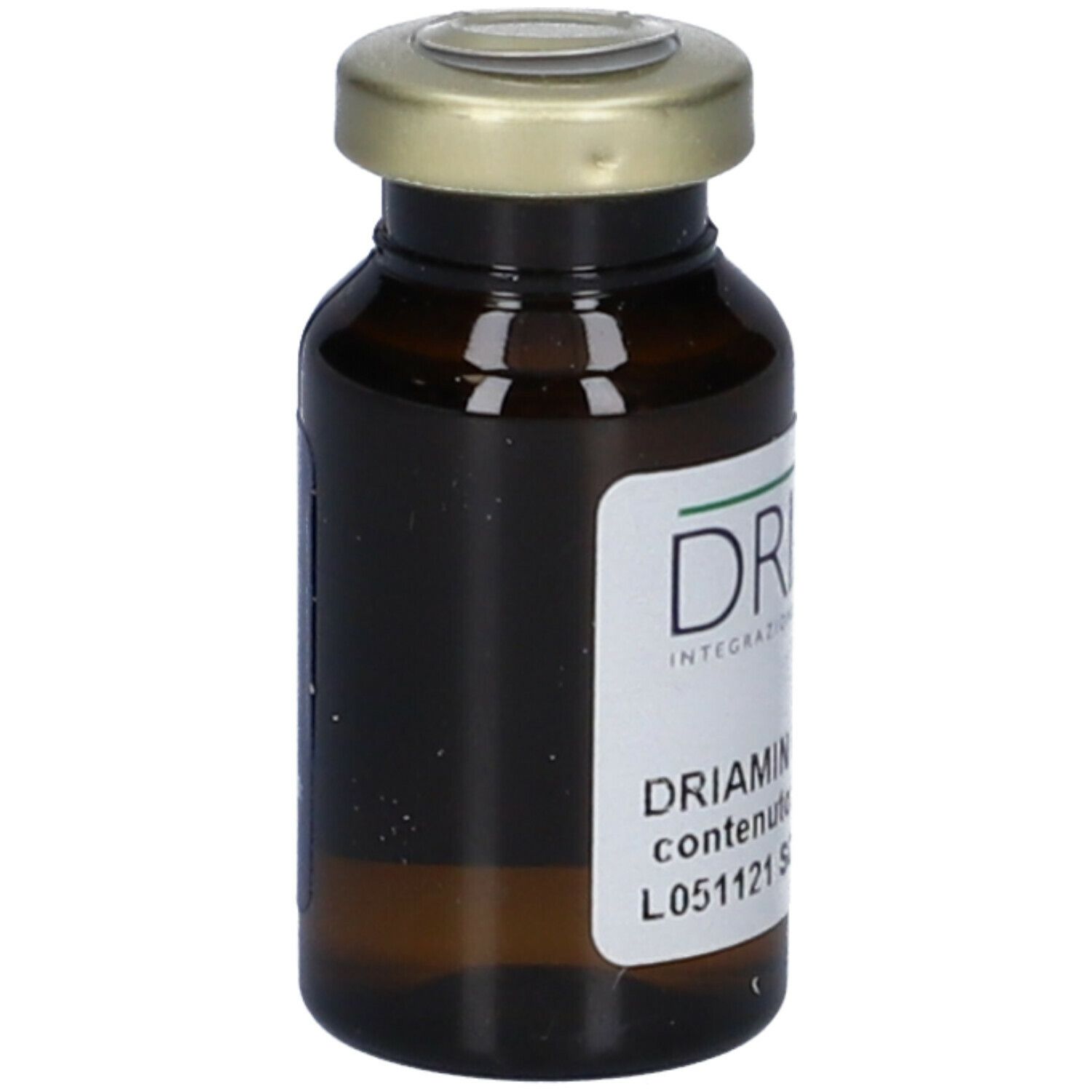 Flacone marrone con tappo dorato. Etichetta con nome, 15 ml e scadenza.