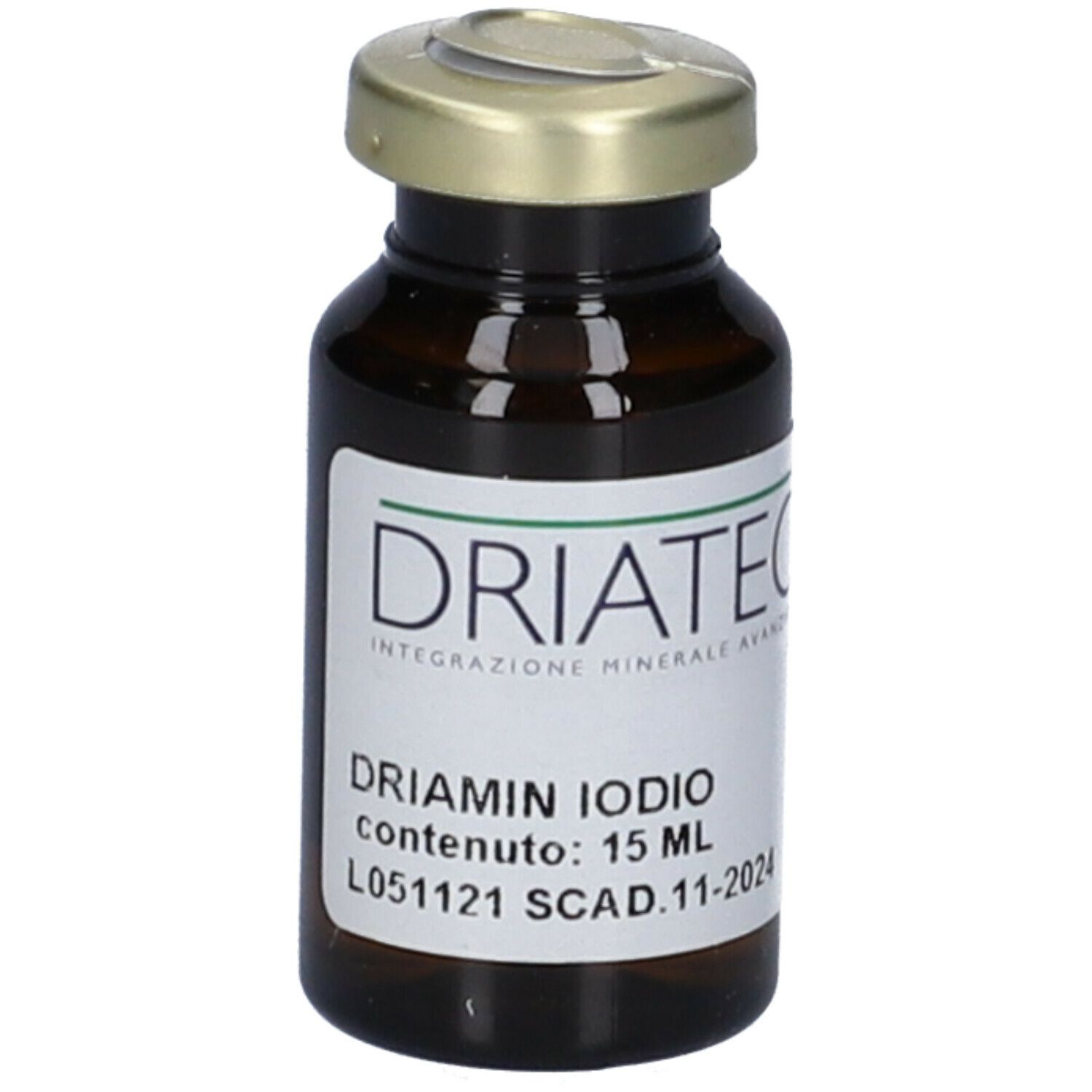 Flacone marrone con tappo dorato. Etichetta con nome, 15 ml e scadenza.
