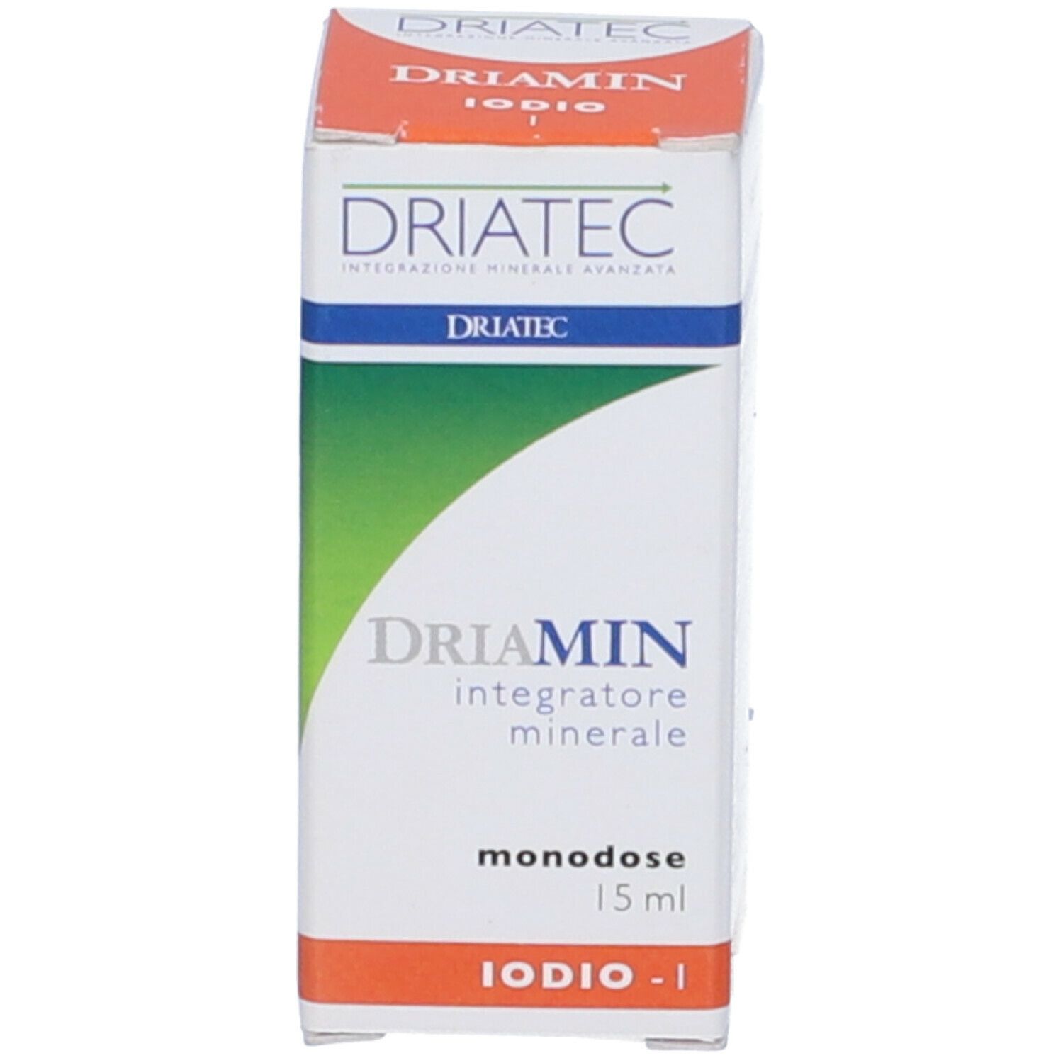 Scatola con nome e informazioni del prodotto. Bianco, arancione e verde.