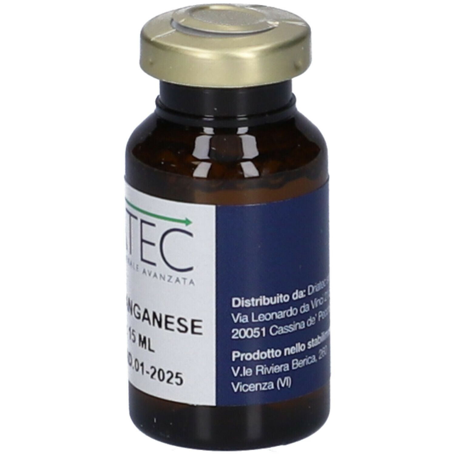 Flacone di vetro marrone con tappo dorato. Etichetta con informazioni sul prodotto. Scritta: Driamin Manganese 15 ml.