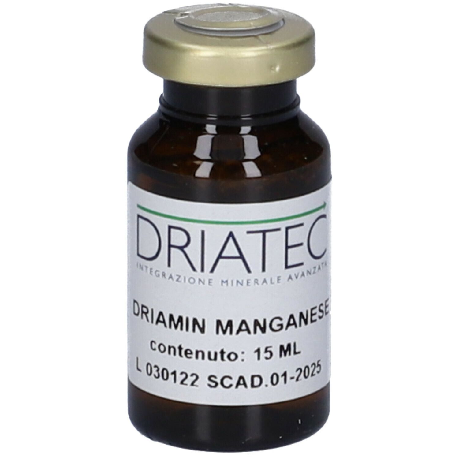 Flacone di vetro marrone con tappo dorato. Etichetta con informazioni sul prodotto. Scritta: Driamin Manganese 15 ml.