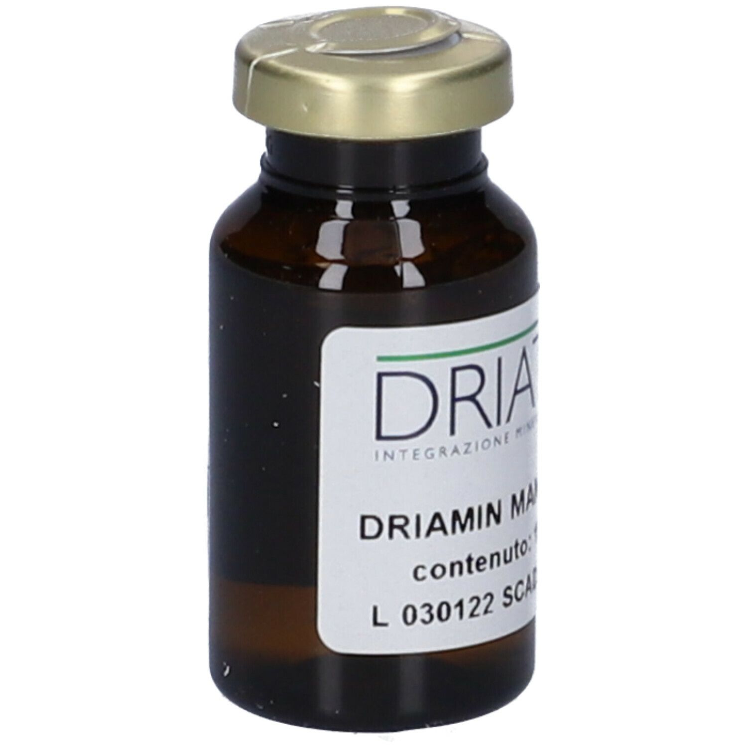 Flacone di vetro marrone con tappo dorato. Etichetta con informazioni sul prodotto. Scritta: Driamin Manganese.
