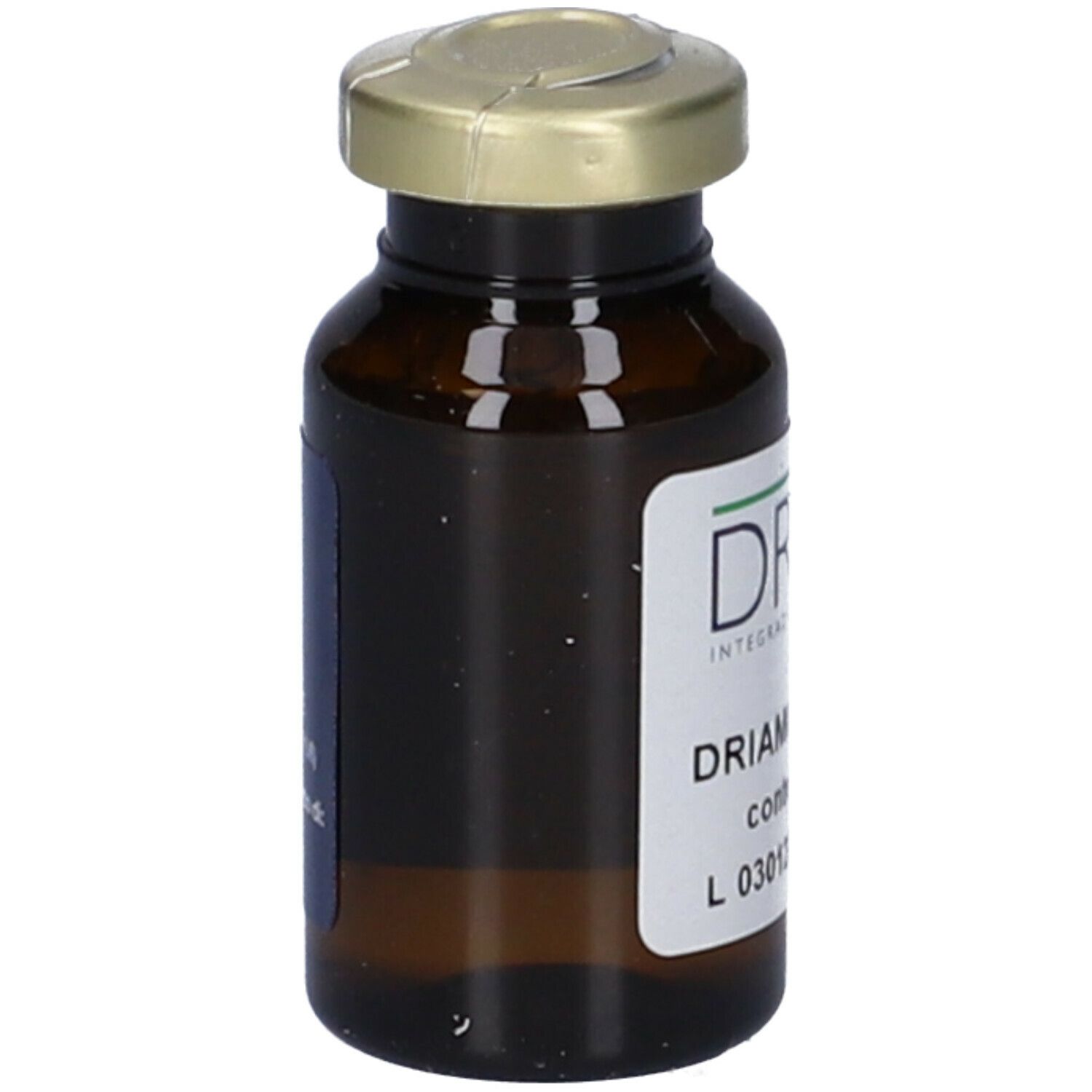 Flacone di vetro marrone con tappo dorato. Etichetta con informazioni sul prodotto. Scritta: Driamin.