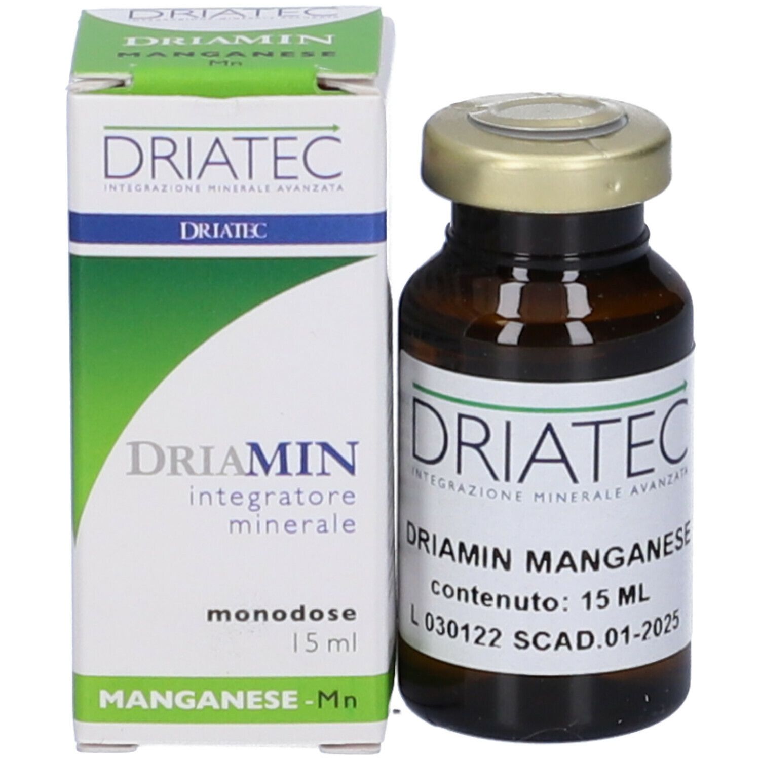 Flacone di vetro marrone e scatola. Scatola con nome del prodotto e dettagli verdi. Scritta: Driamin Manganese.