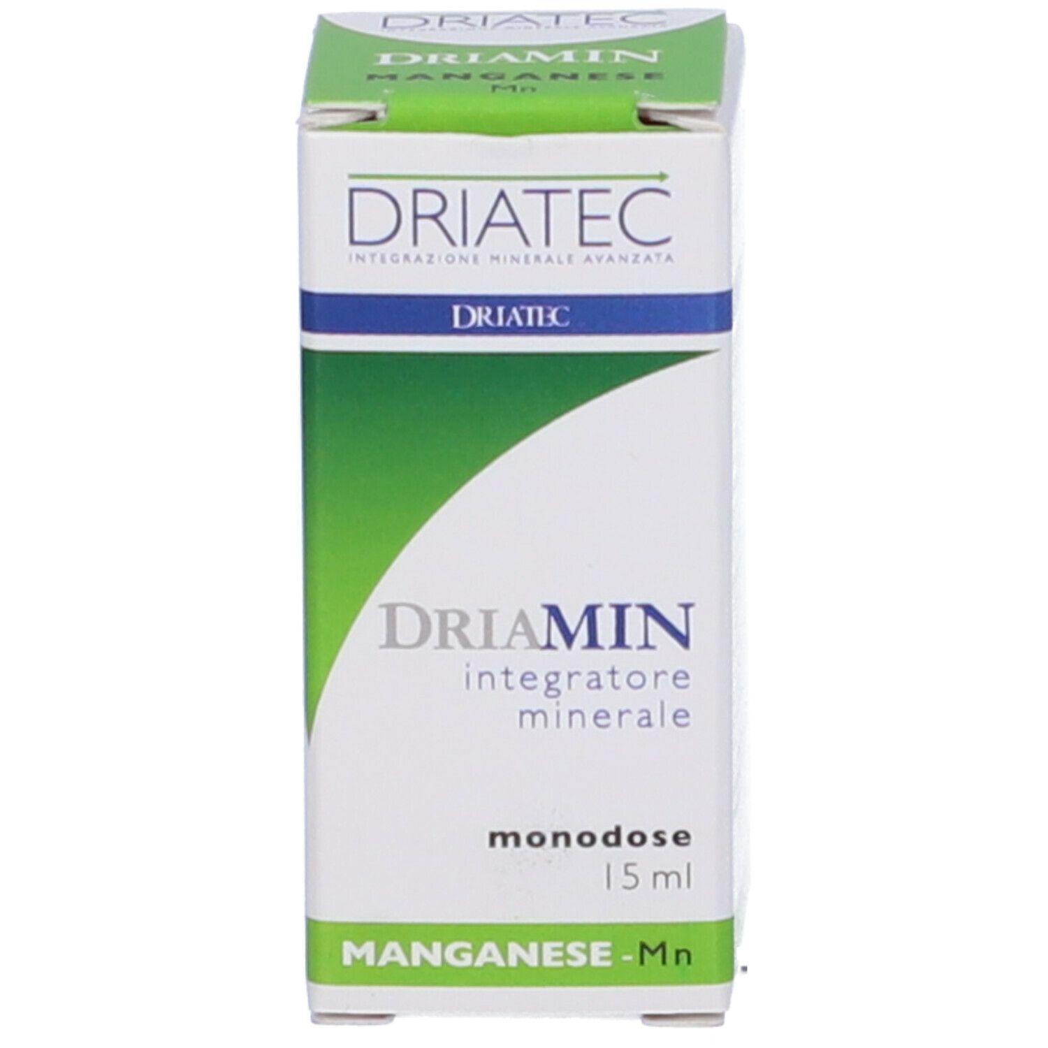 Scatola con nome del prodotto e dettagli verdi. Scritta: Driamin Manganese, Integratore minerale, 15 ml.