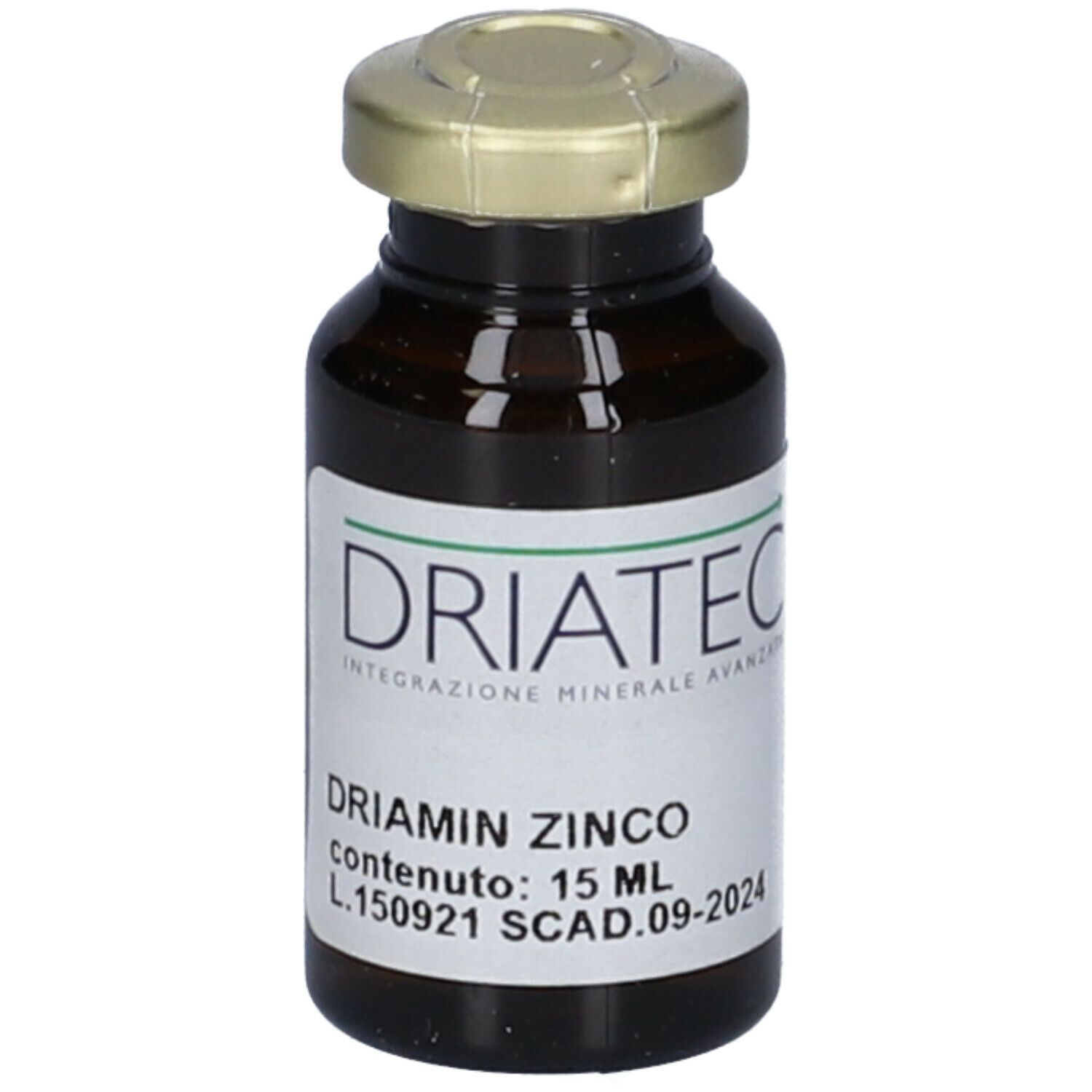 Flacone di vetro marrone con tappo dorato. Etichetta con nome del prodotto e testo verde. Scritta: Driamin Zinco 15 ml.