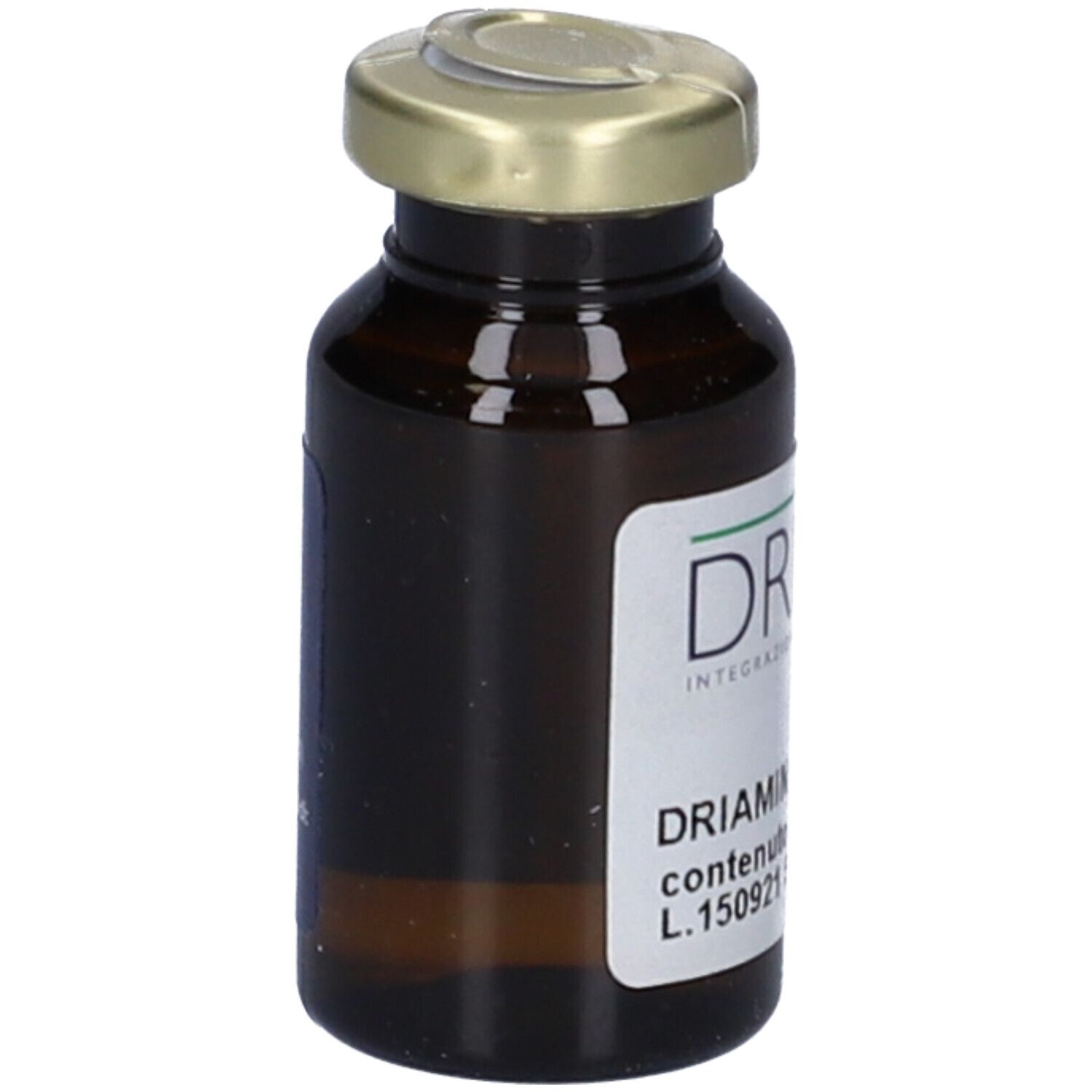 Flacone di vetro marrone con tappo dorato. Etichetta con nome del prodotto e testo verde. Scritta: Driamin Zinco 15 ml.