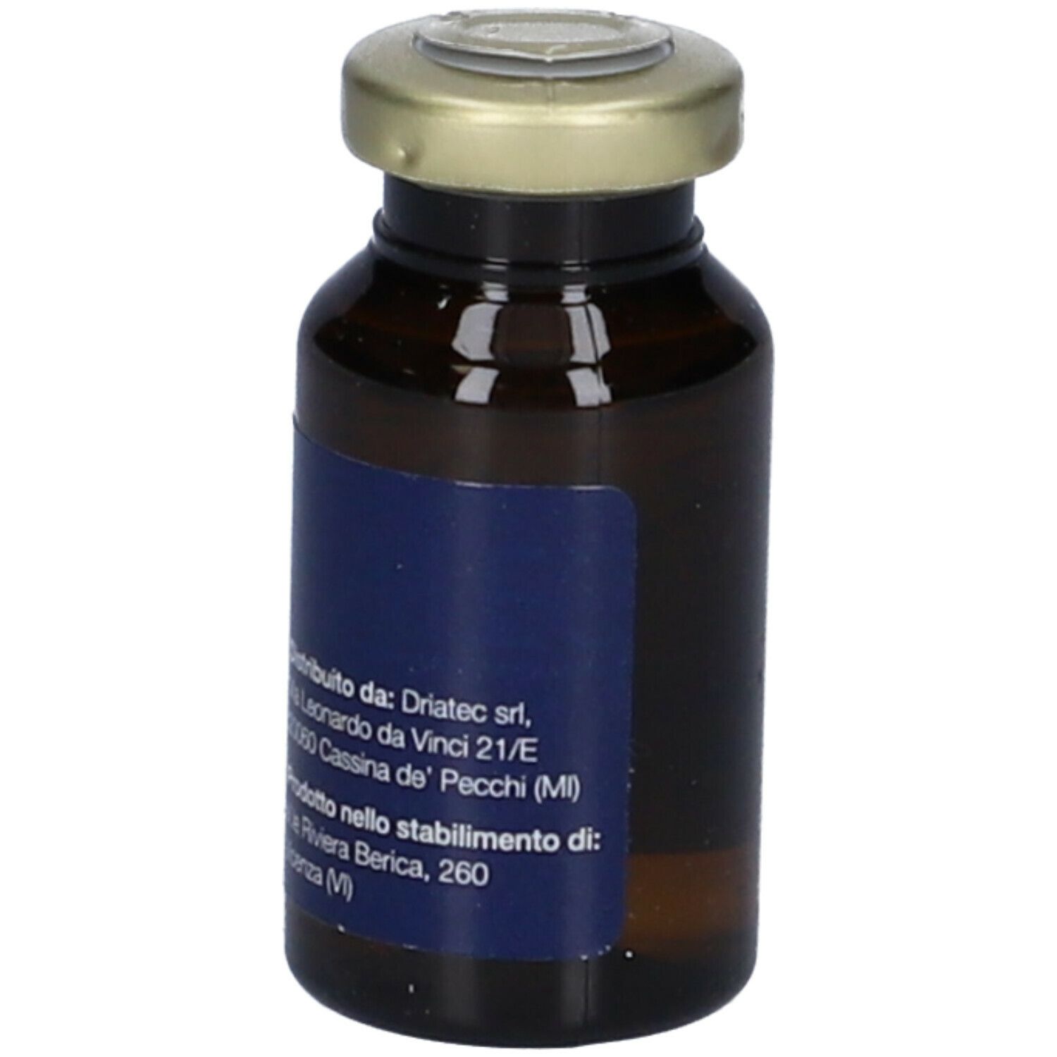 Flacone di vetro marrone con tappo dorato. Etichetta con nome del prodotto e testo verde. Scritta: Driamin Zinco 15 ml.