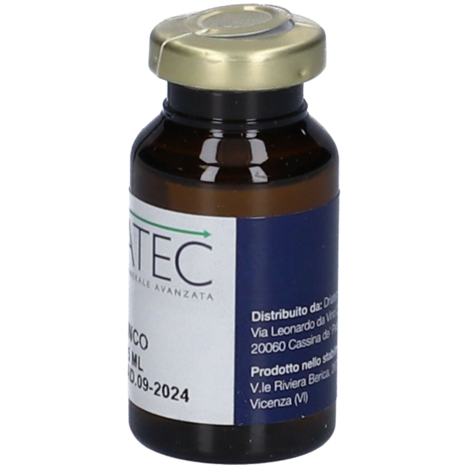 Flacone di vetro marrone con tappo dorato. Etichetta con nome del prodotto e testo verde. Scritta: Driamin Zinco 15 ml.