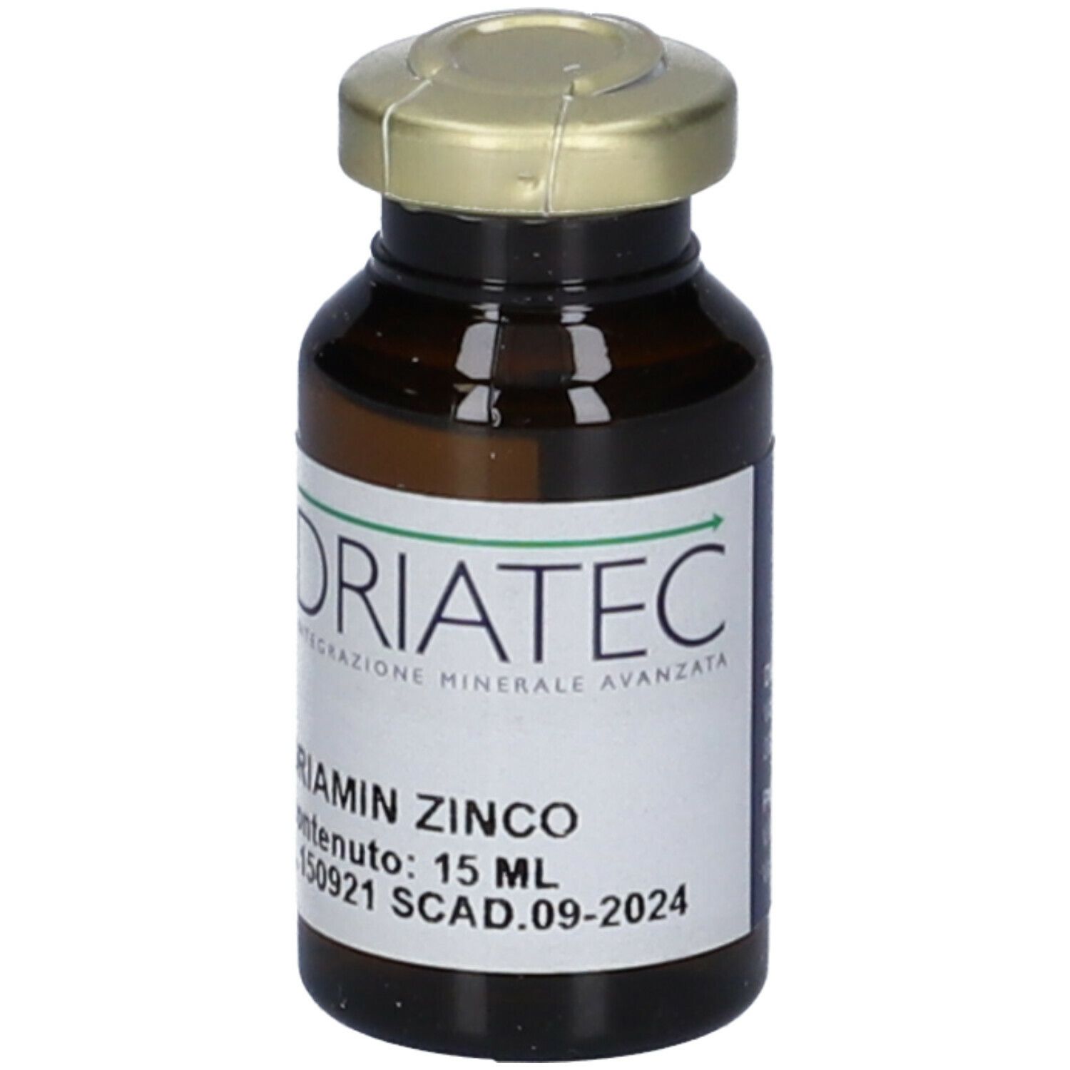 Flacone di vetro marrone con tappo dorato. Etichetta con nome del prodotto e testo verde. Scritta: Driamin Zinco 15 ml.