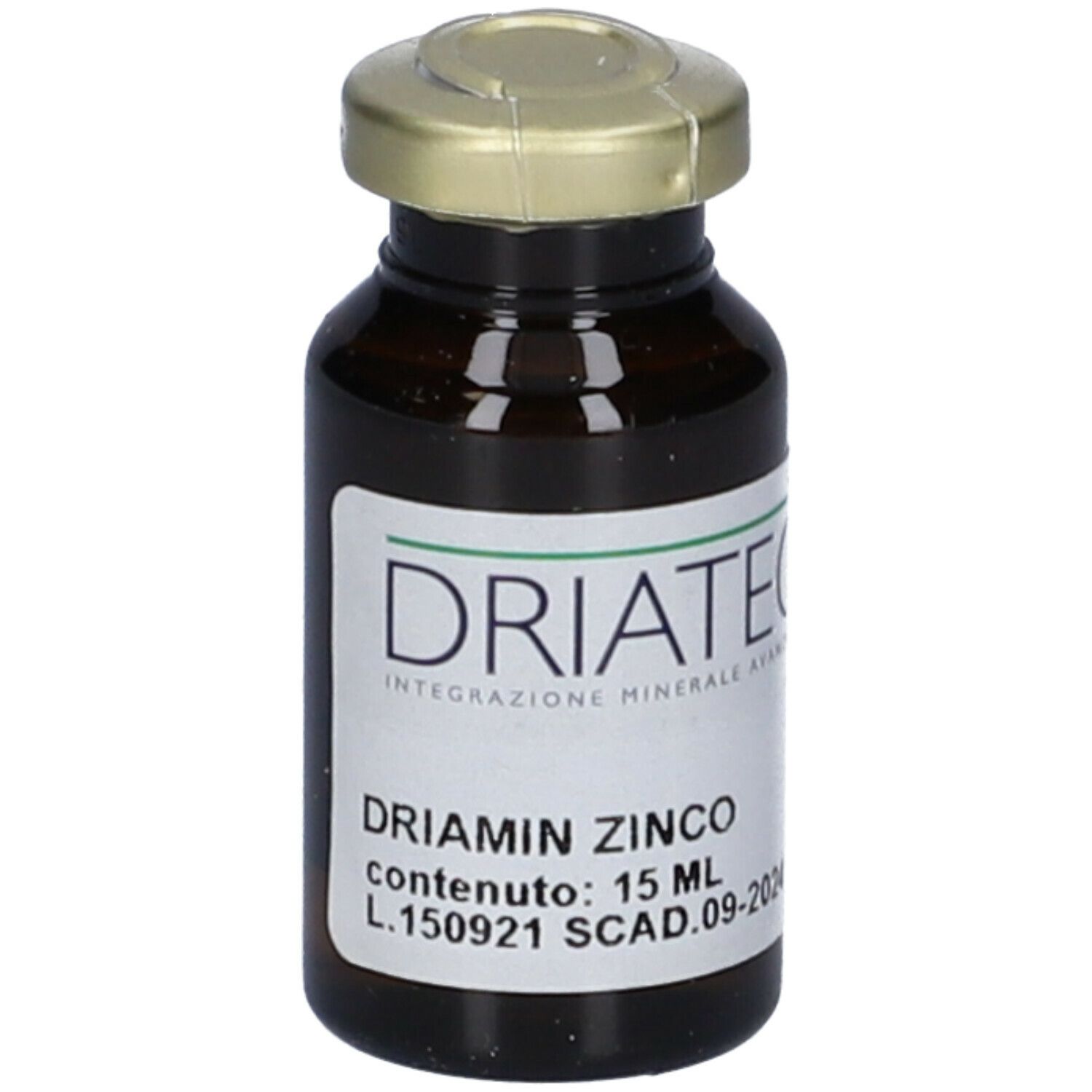Flacone di vetro marrone con tappo dorato. Etichetta con nome del prodotto e testo verde. Scritta: Driamin Zinco 15 ml.