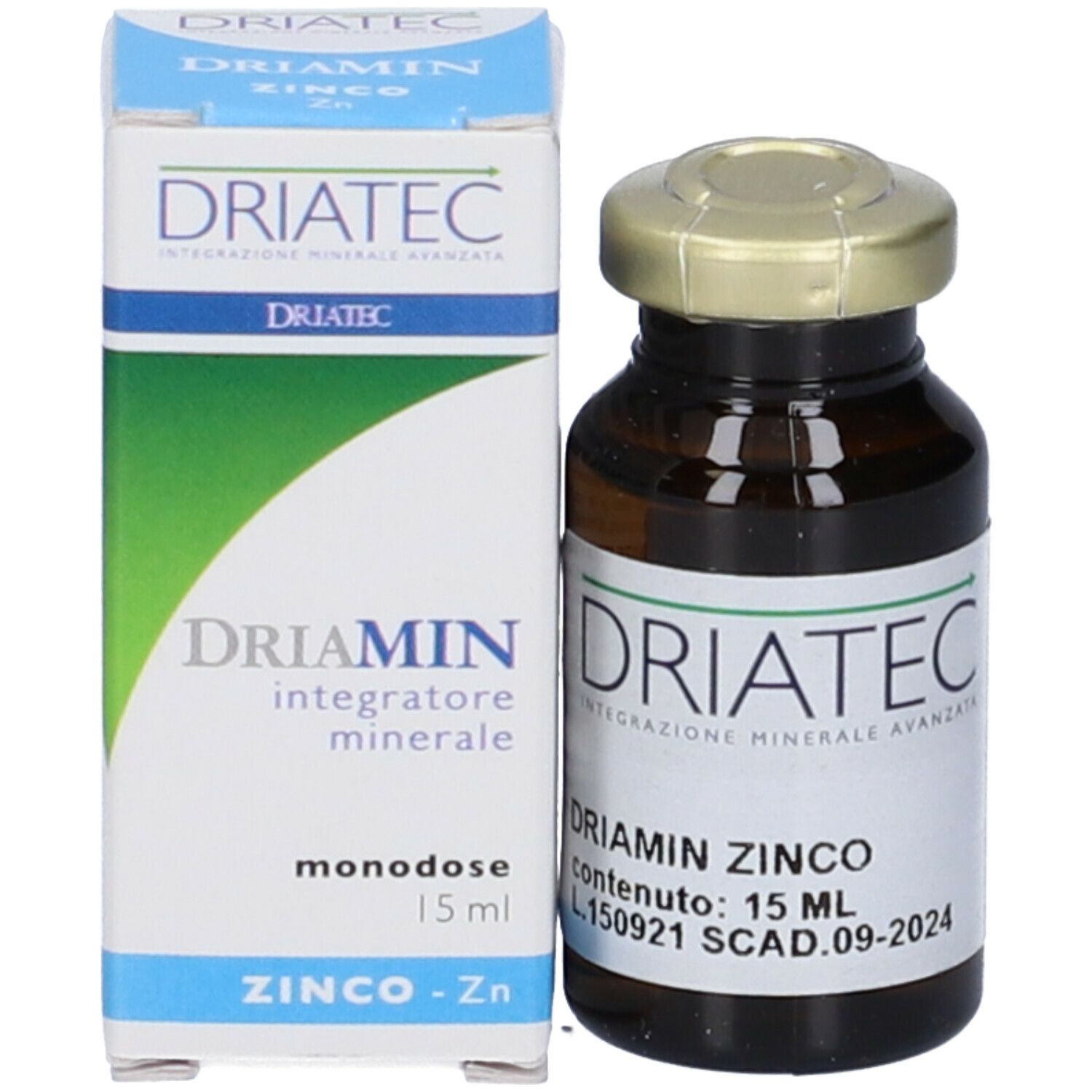 Flacone di vetro marrone con tappo dorato e confezione del prodotto. Scritta: Driamin Zinco, 15 ml.