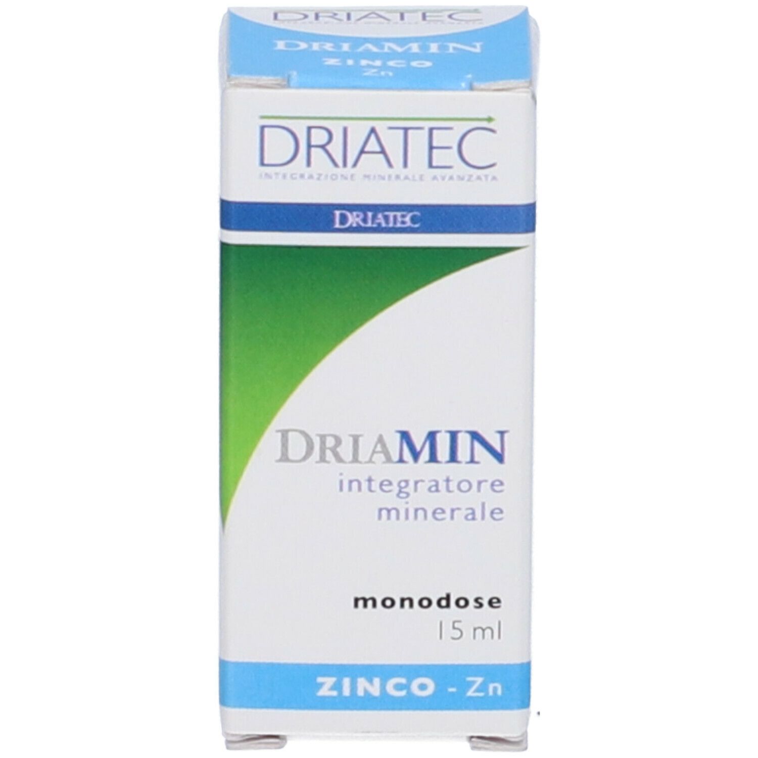 Confezione del prodotto con scritta Driamin Zinco, 15 ml. Colori blu e bianco.