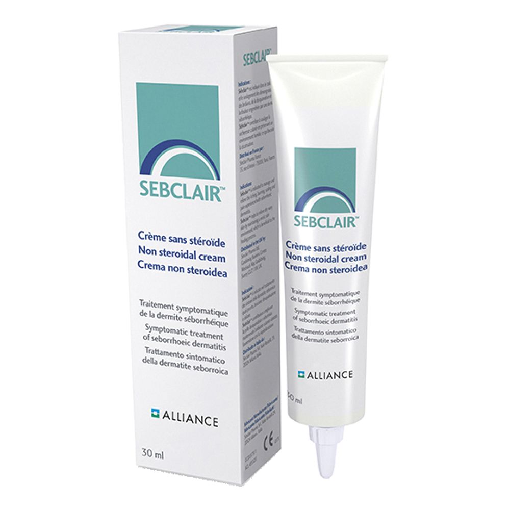 Tubo e scatola di crema. Scritta: SEBCLAIR, Crème sans stéroïde, Non steroidal cream, Crema non steroidea. 30 ml.