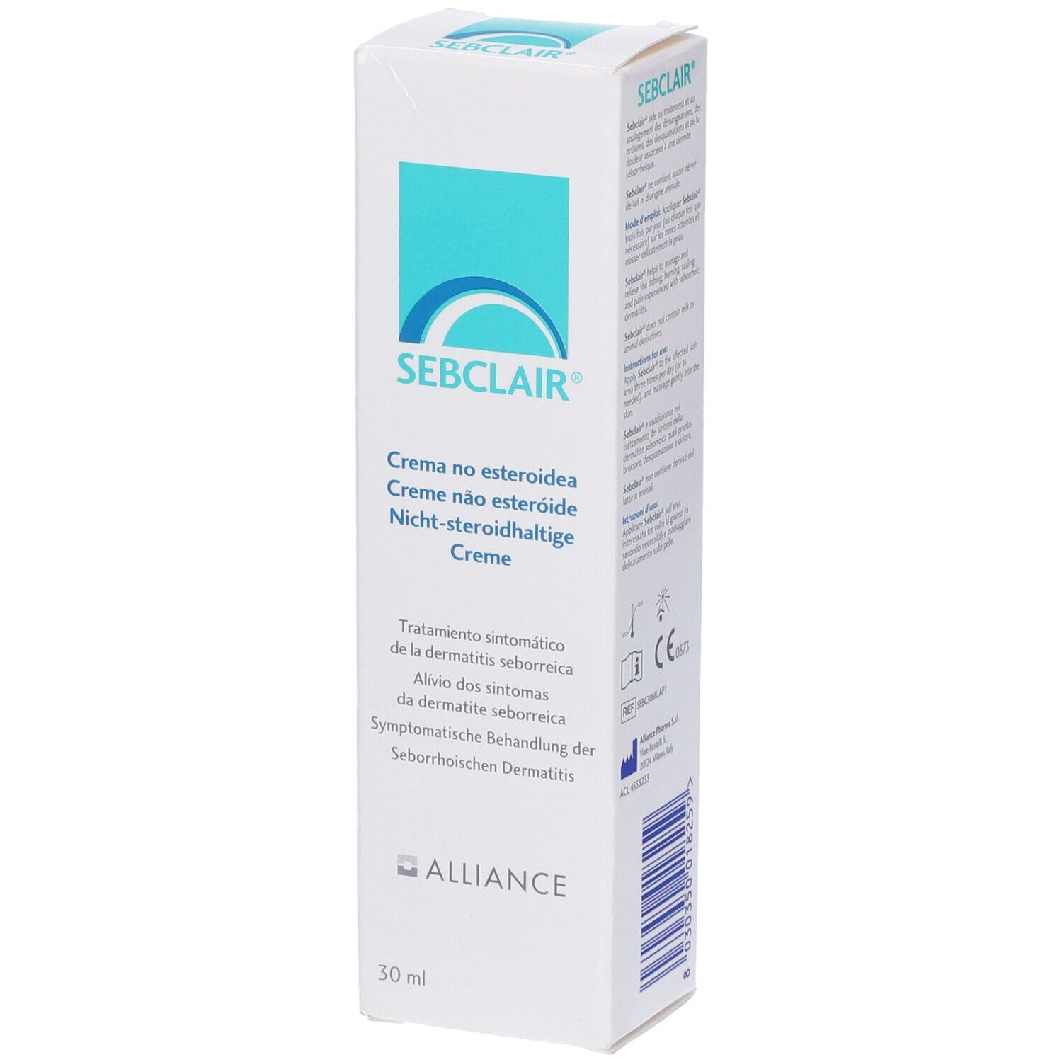 Scatola. Scritta: SEBCLAIR, Crème no esteroidea, Creme não esteroide, Nicht-steroidhaltige Creme. 30 ml.