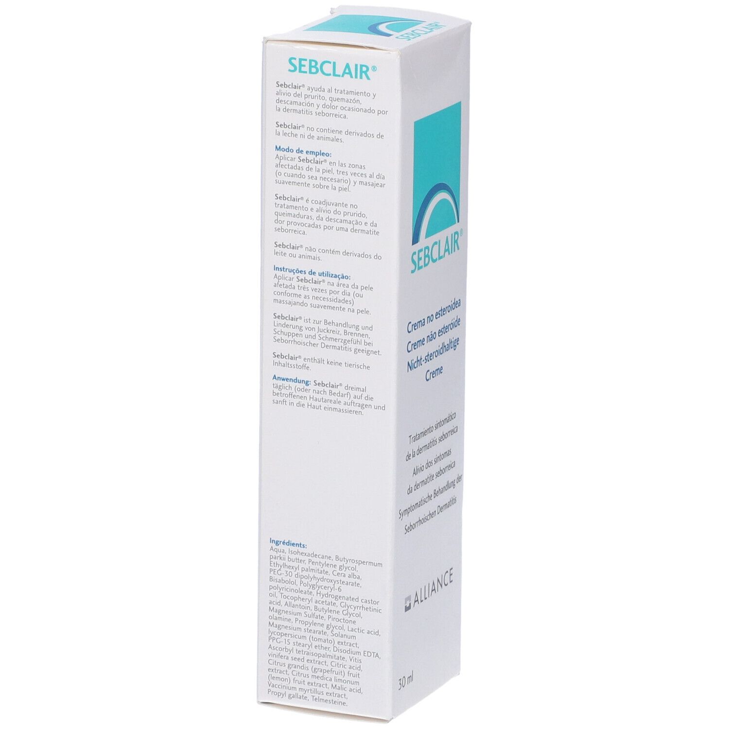 Scatola. Scritta: SEBCLAIR, Crème no esteroidea, Creme não esteroide, Nicht-steroidhaltige Creme. 30 ml. Testo sul retro.