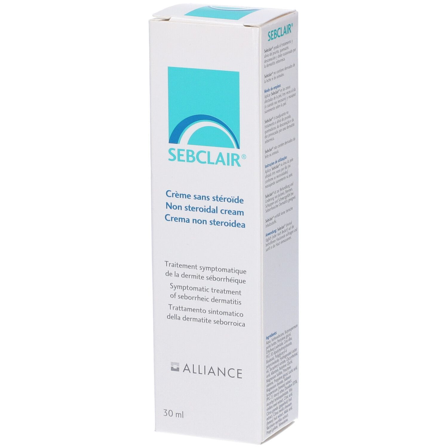 Scatola. Scritta: SEBCLAIR, Crème sans stéroïde, Non steroidal cream, Crema non steroidea. 30 ml.