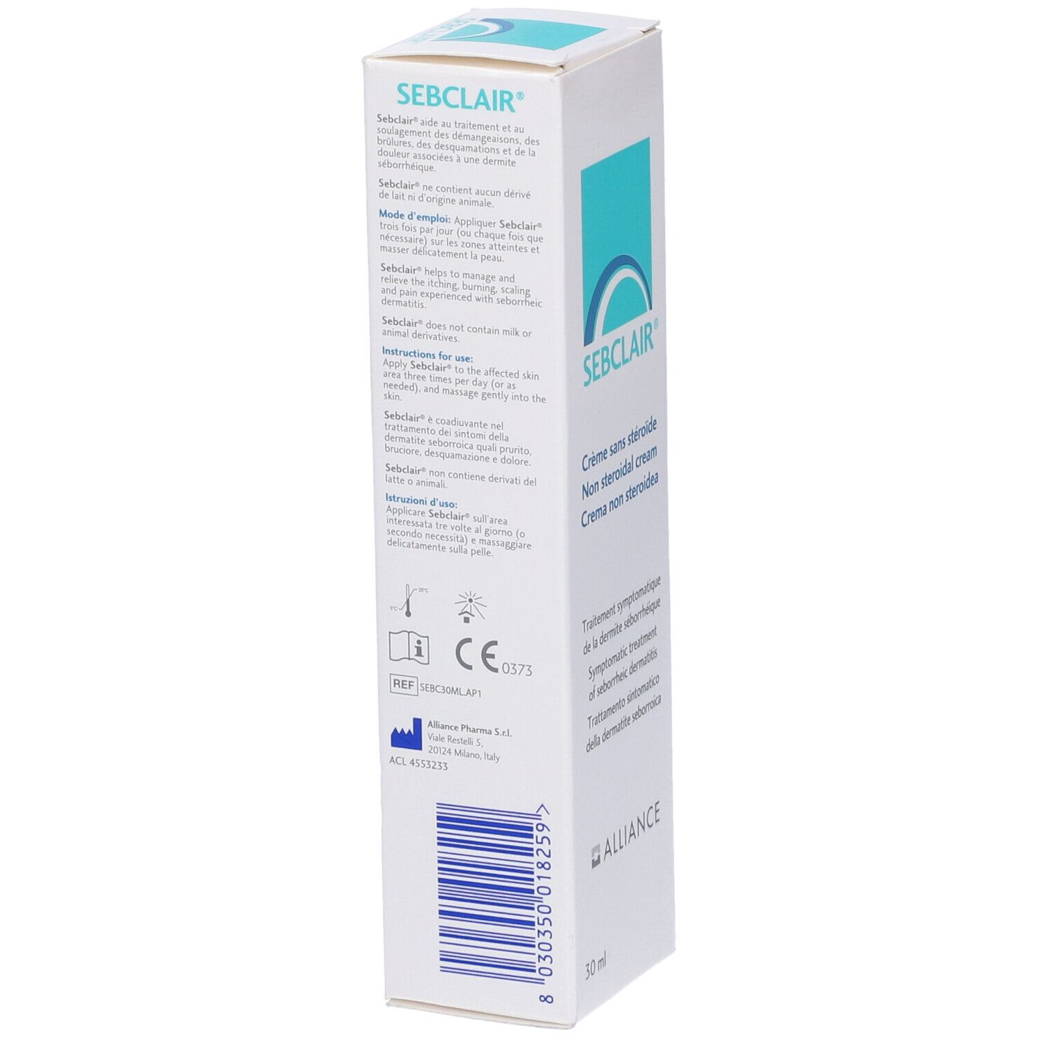 Scatola. Scritta: SEBCLAIR, Crème sans stéroïde, Non steroidal cream, Crema non steroidea. Testo sul retro.