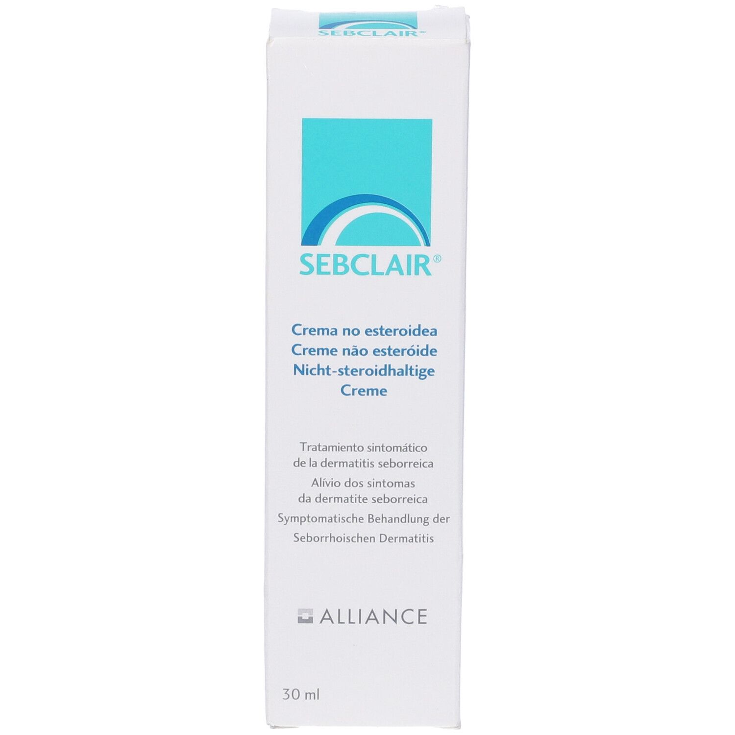 Scatola. Scritta: SEBCLAIR, Crème no esteroidea, Creme não esteroide, Nicht-steroidhaltige Creme. 30 ml.