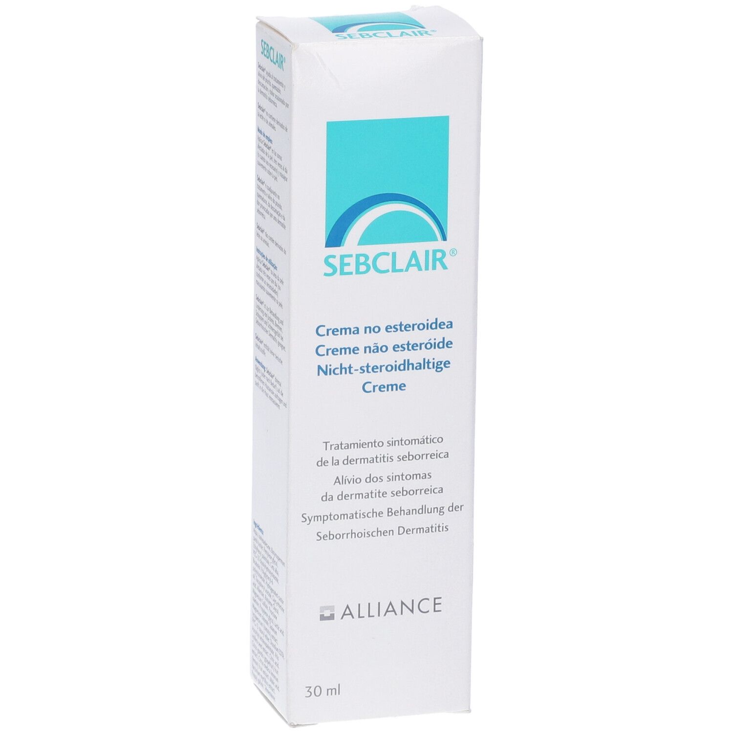 Scatola. Scritta: SEBCLAIR, Crème no esteroidea, Creme não esteroide, Nicht-steroidhaltige Creme. 30 ml.