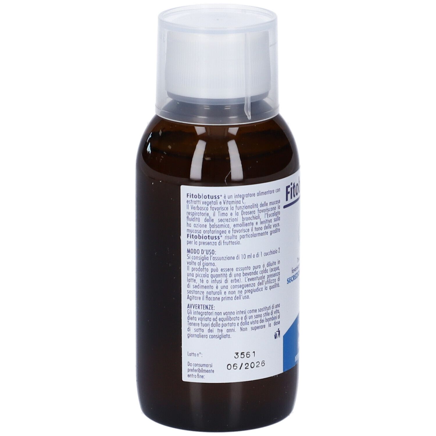 Retro di una bottiglia marrone con tappo bianco. Etichetta con testo. Adesivo con '3561 06/2025'.
