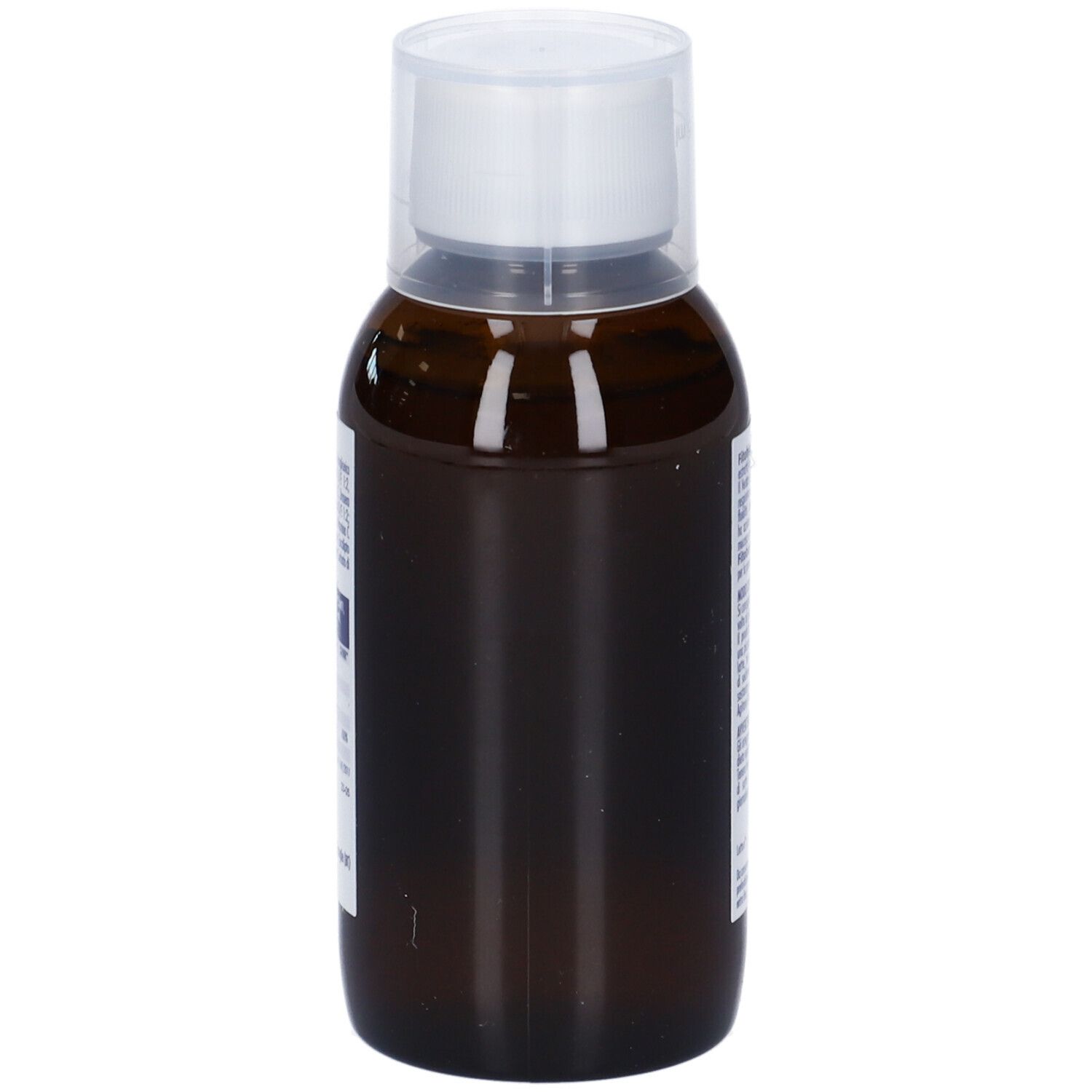 Bottiglia marrone con tappo bianco. Nessuna etichetta visibile.