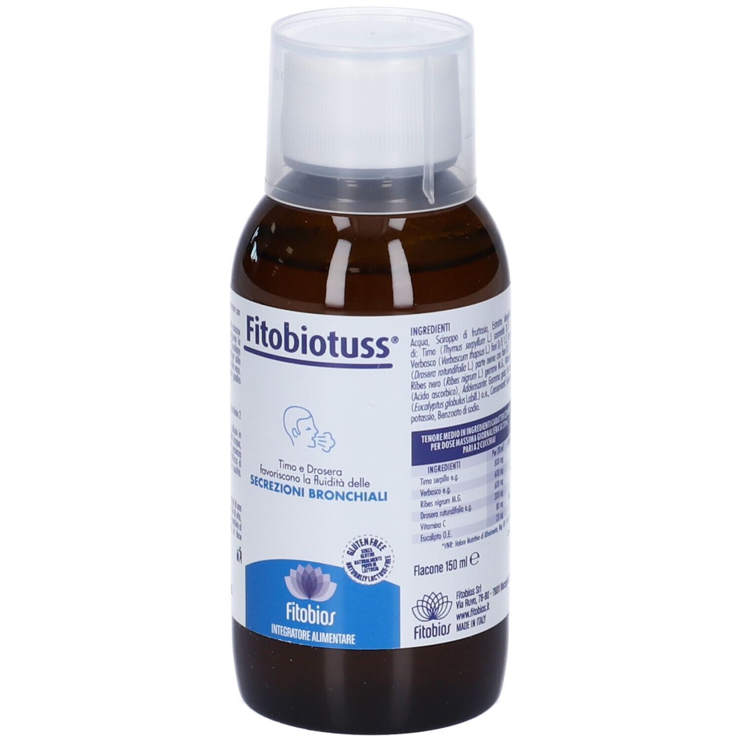 Bottiglia marrone con tappo bianco. Etichetta con nome prodotto, logo e testo: 'Timo e Drosera favoriscono la fluidità delle secrezioni bronchiali'.