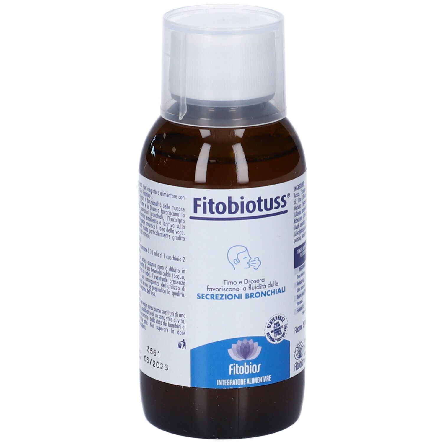 Bottiglia marrone con tappo bianco. Etichetta con nome prodotto, logo e testo: 'Timo e Drosera favoriscono la fluidità delle secrezioni bronchiali'.