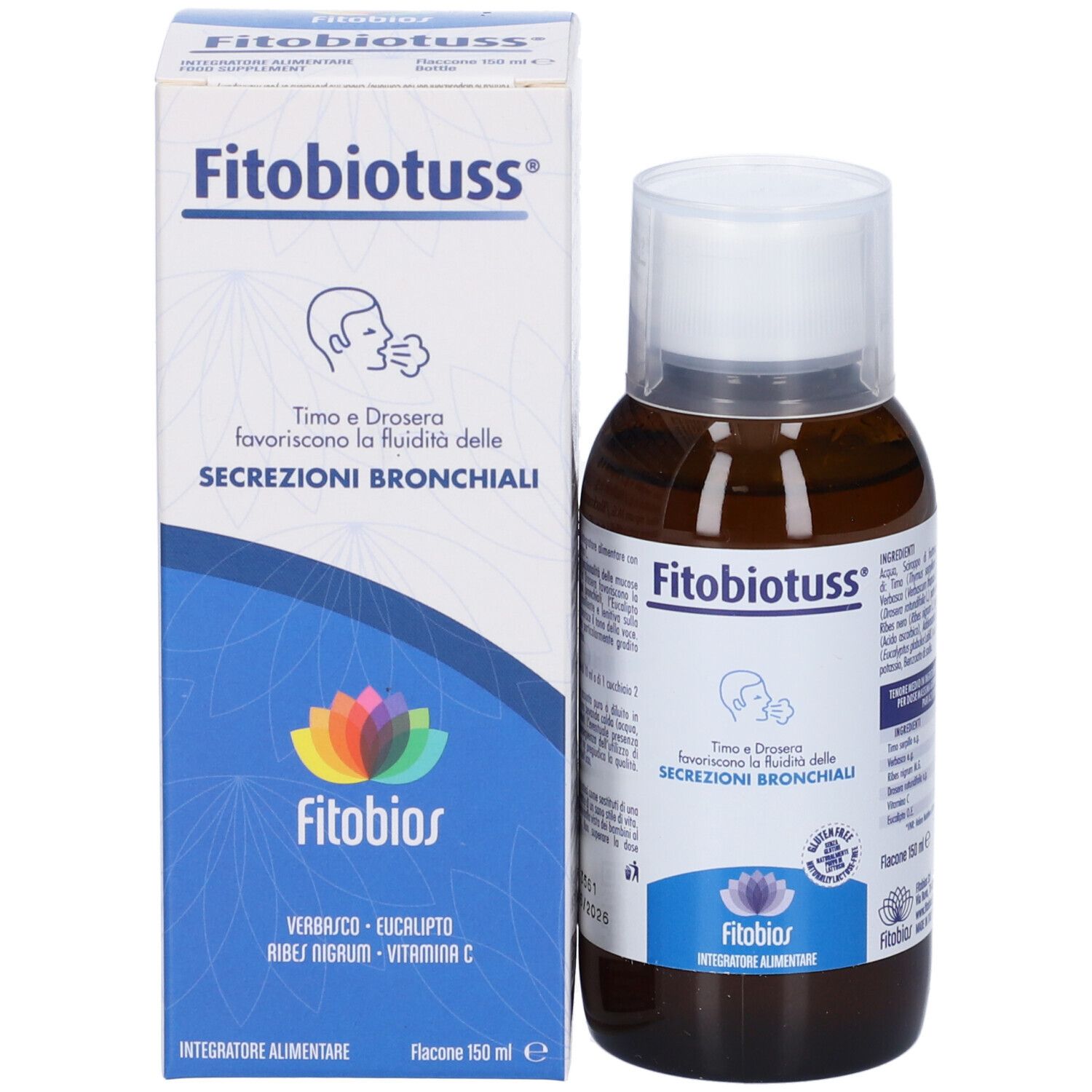 Bottiglia e confezione del prodotto. Bottiglia marrone con tappo bianco. Confezione bianca con nome prodotto e logo.