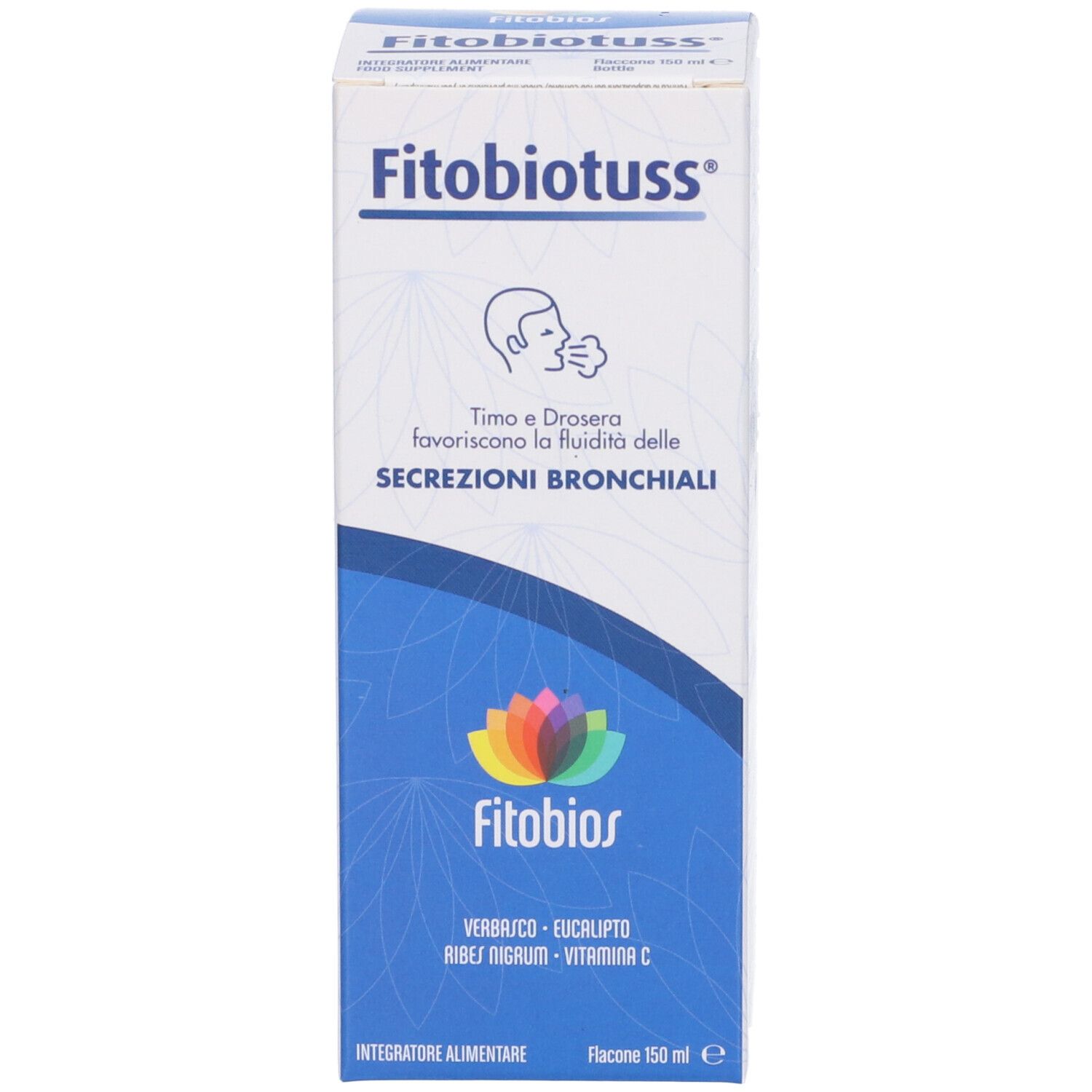 Confezione bianca con nome prodotto e logo. Testo: 'Timo e Drosera favoriscono la fluidità delle secrezioni bronchiali'.