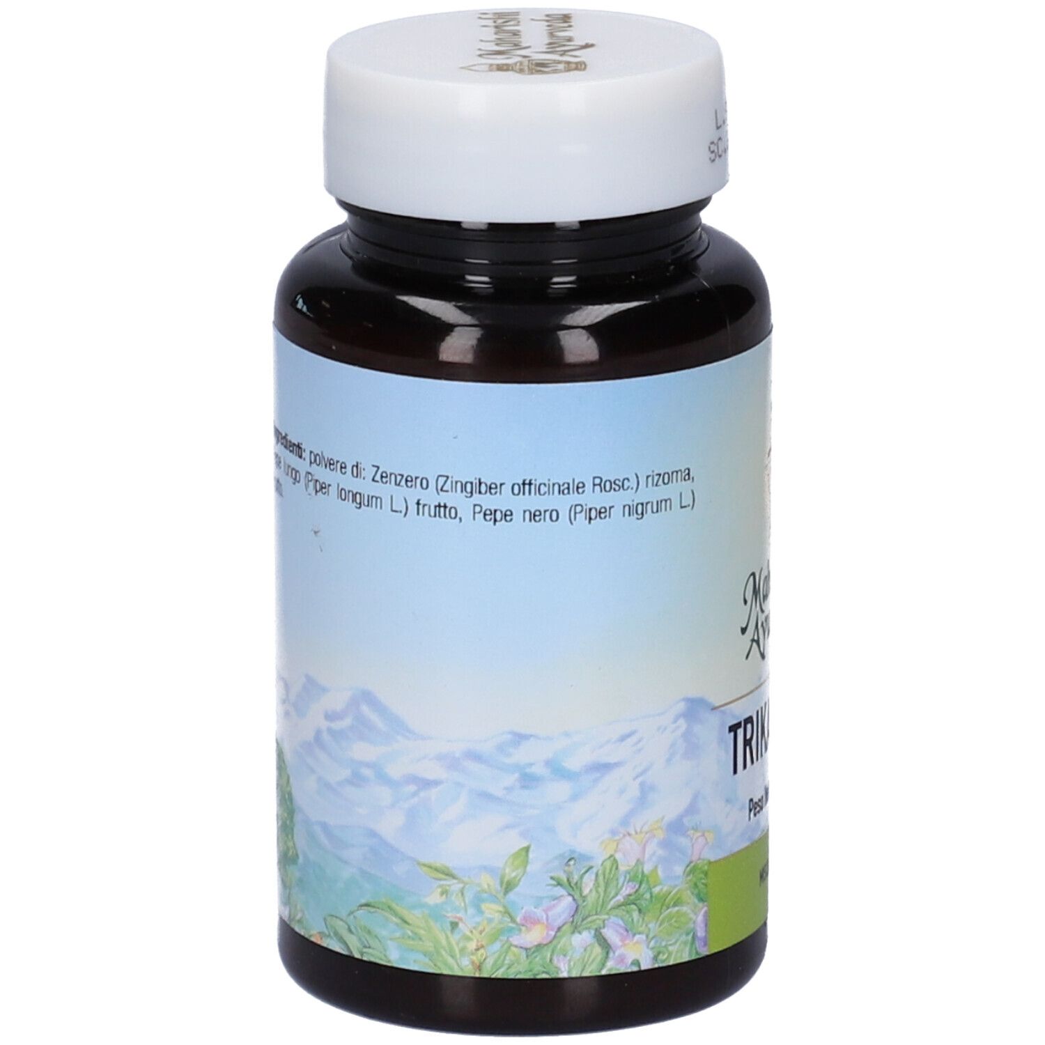 Retro del flacone marrone. Testo: Ingredienti, zenzero, pepe. Marchio: Maharishi Ayurveda. Sfondo: paesaggio montano.