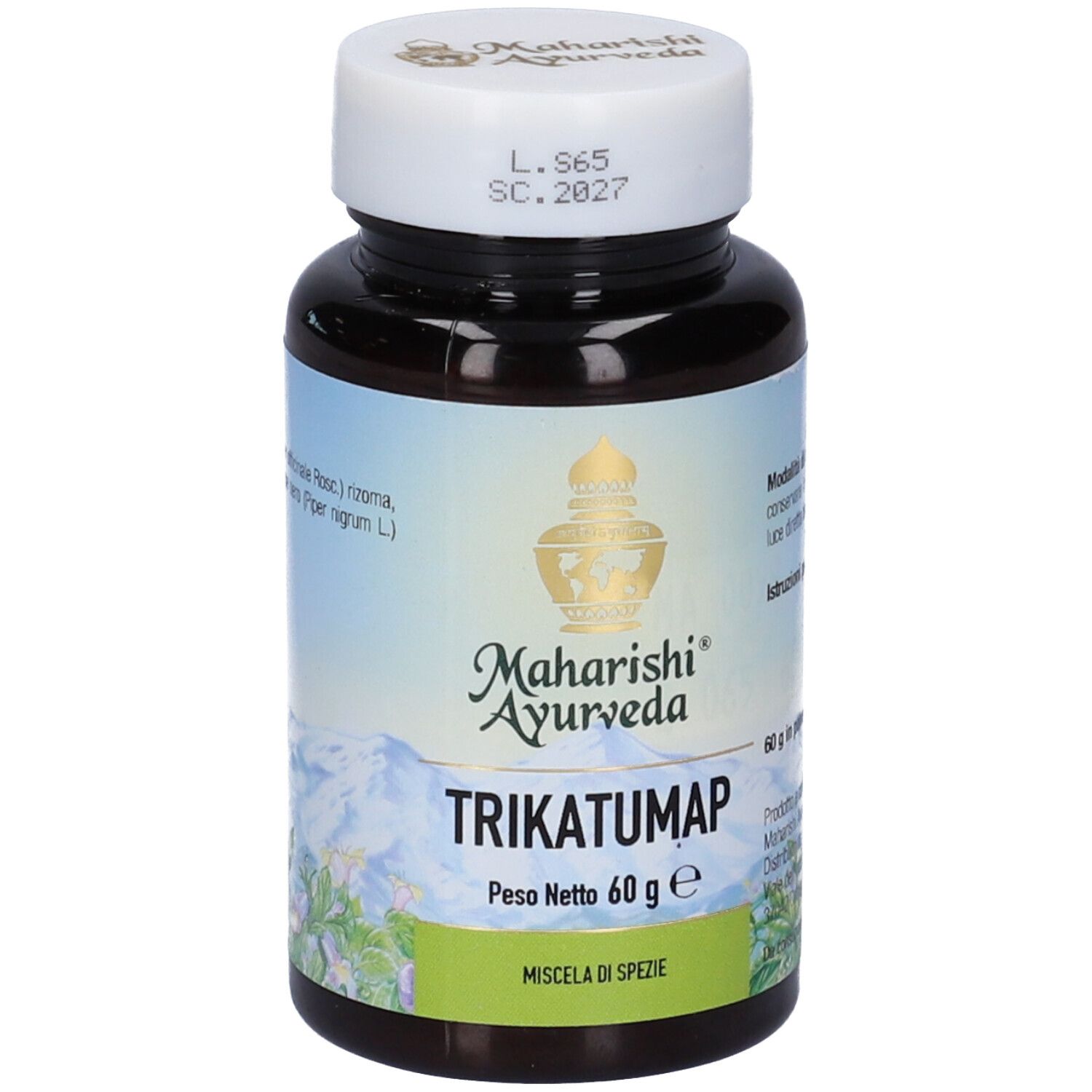 Flacone marrone con tappo bianco. Scritta: Trikatumap, Peso Netto 60 g e. Marchio: Maharishi Ayurveda.