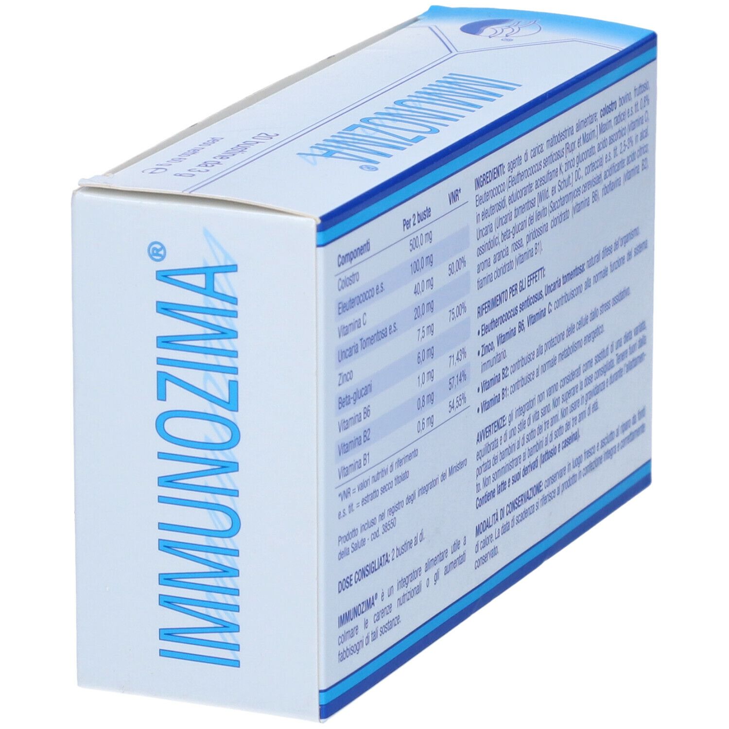 Scatola bianca con scritta blu IMMUNOZIMA. Contiene 20 bustine. Retro con ingredienti e informazioni.