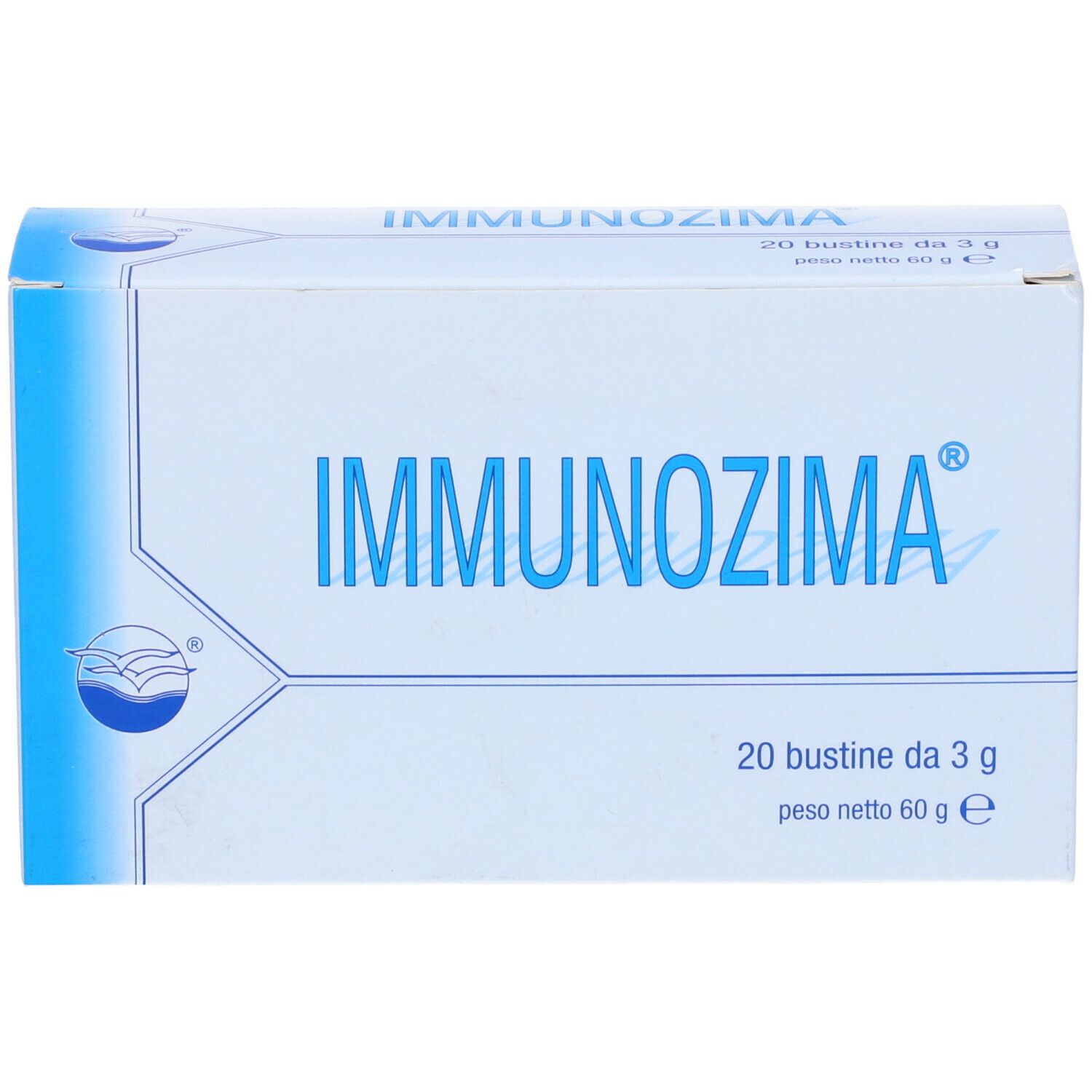 Scatola bianca con scritta blu IMMUNOZIMA. Contiene 20 bustine. Logo con onde.