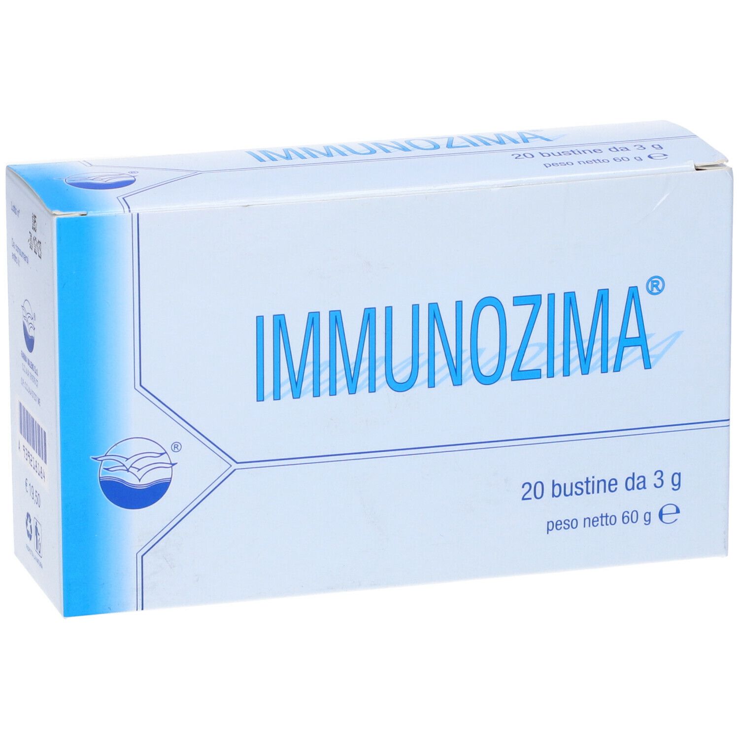 Scatola bianca con scritta blu IMMUNOZIMA. Contiene 20 bustine. Logo con onde.