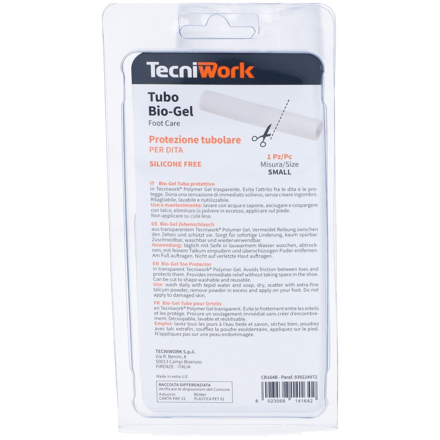 Retro della confezione con informazioni sul prodotto. Mostra un prodotto in gel tubulare bianco. Testo multilingue.