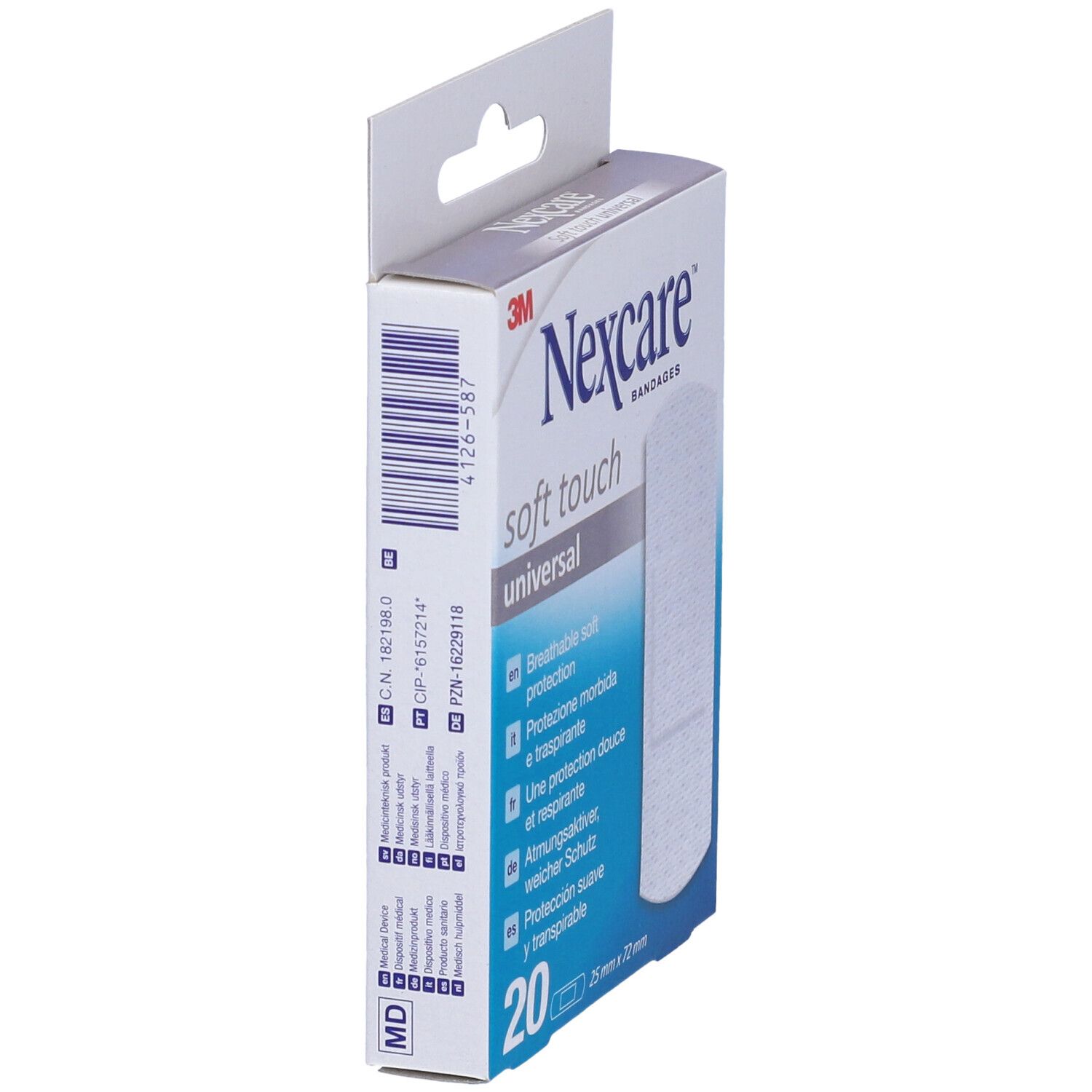 Vista laterale della confezione di cerotti Nexcare Soft Touch. Nome prodotto, 20 pezzi, 25 x 72 mm.