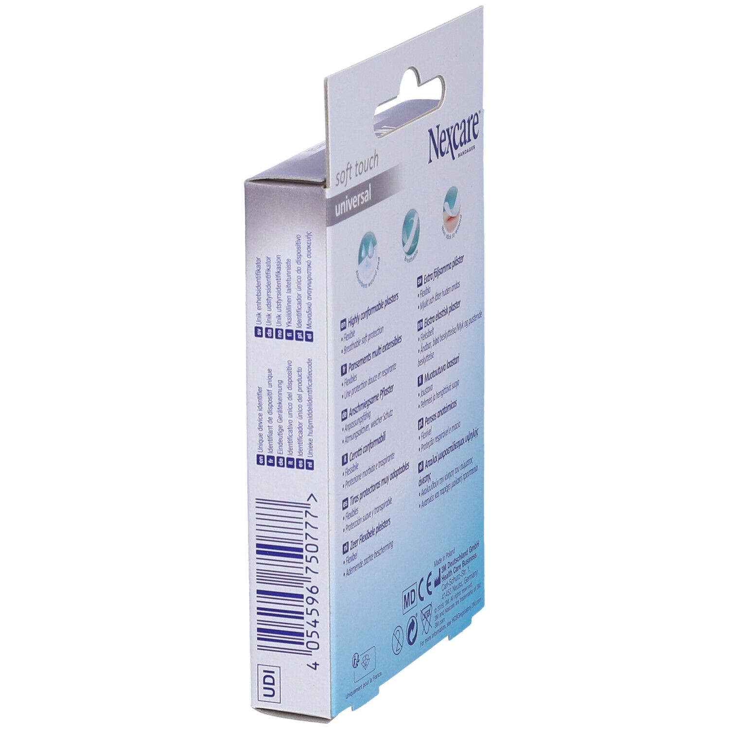 Vista laterale della confezione di cerotti Nexcare Soft Touch. Codice a barre e informazioni sul prodotto.
