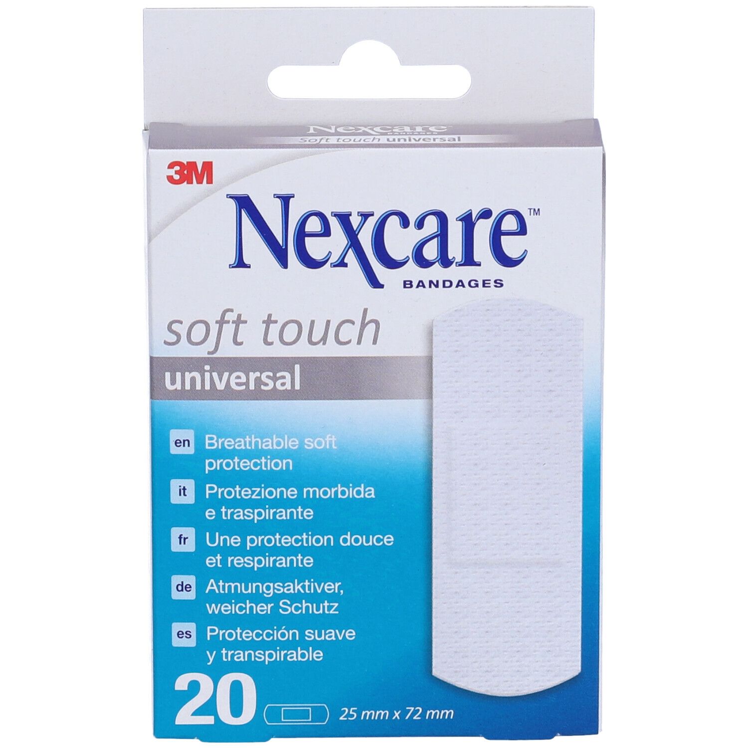 Confezione di cerotti Nexcare Soft Touch. 20 pezzi, 25 x 72 mm. Nome e caratteristiche del prodotto.