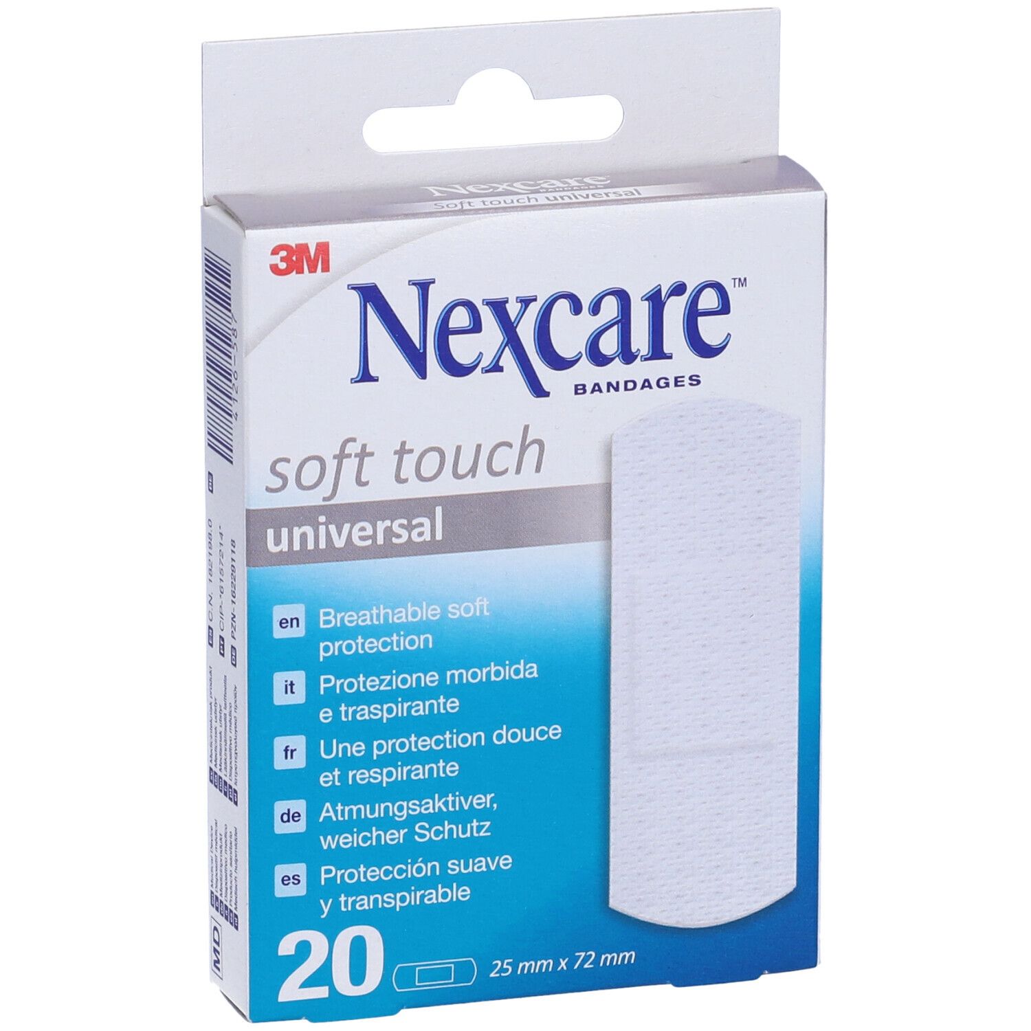 Confezione di cerotti Nexcare Soft Touch. 20 pezzi, 25 x 72 mm. Nome e caratteristiche del prodotto.