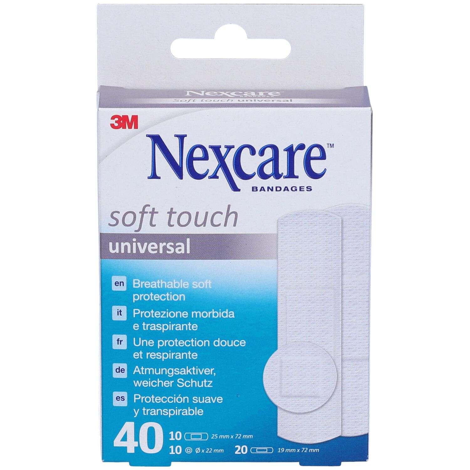 Confezione di cerotti Nexcare Soft Touch Universal. Contiene 40 cerotti. Testo: 'Protezione morbida e traspirante'.