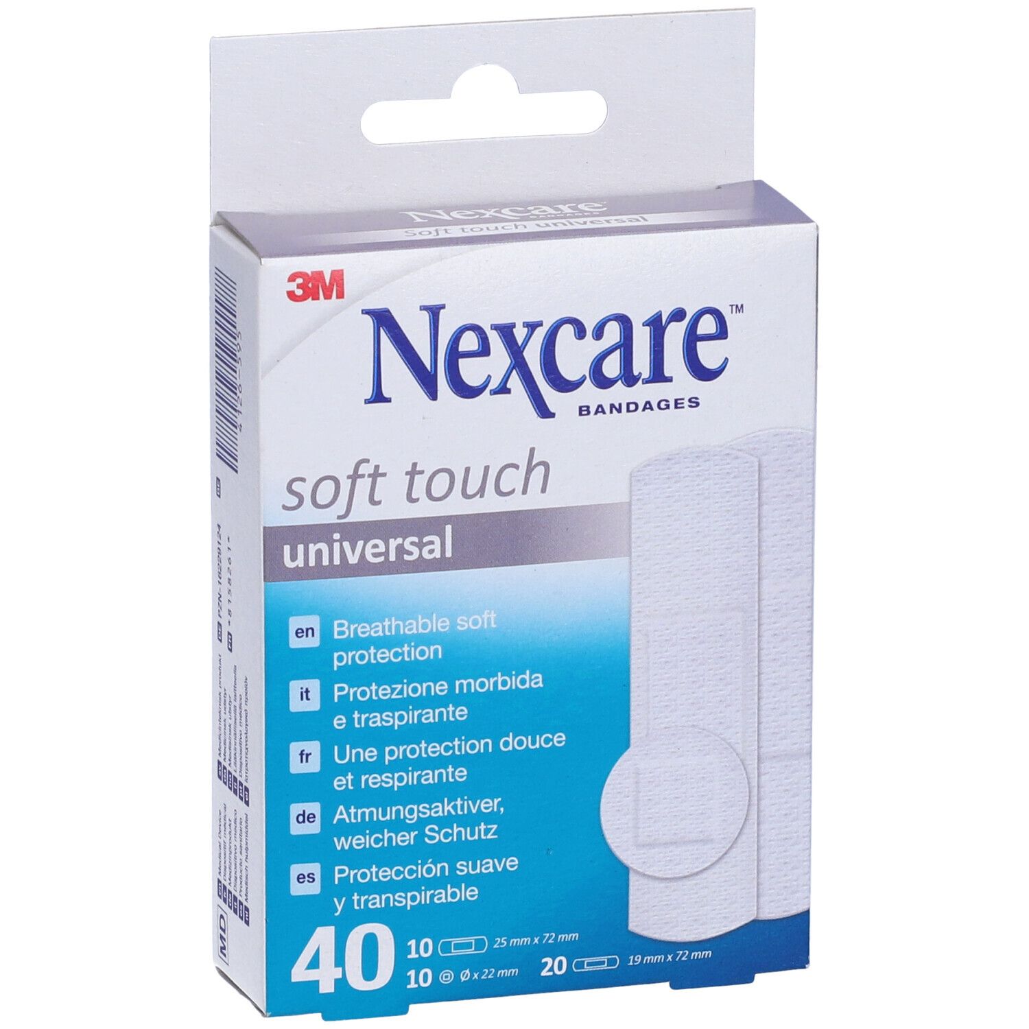 Confezione di cerotti Nexcare Soft Touch Universal. Contiene 40 cerotti. Testo: 'Protezione morbida e traspirante'.