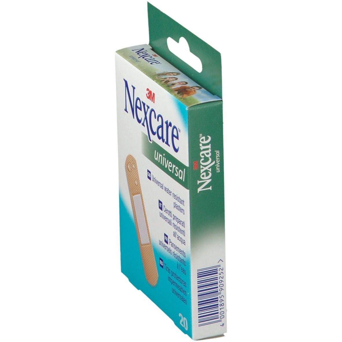 Vista laterale della confezione di cerotti Nexcare Universal resistenti all'acqua. Il prodotto è confezionato in una scatola.