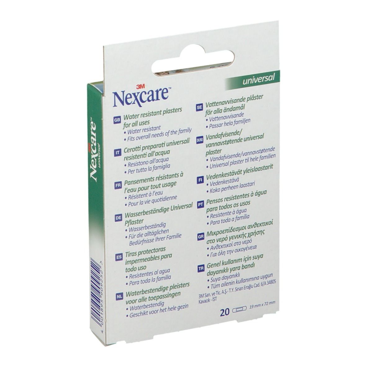 Retro della confezione di cerotti Nexcare Universal resistenti all'acqua. Informazioni multilingue sul prodotto e ingredienti.