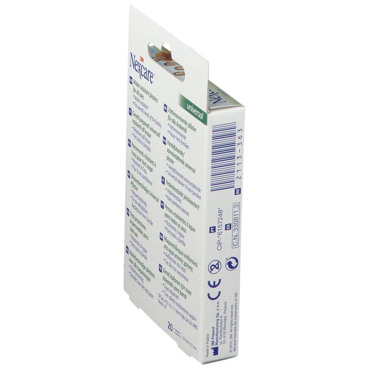 Vista laterale della confezione di cerotti Nexcare Universal resistenti all'acqua. Informazioni multilingue sul prodotto e ingredienti.