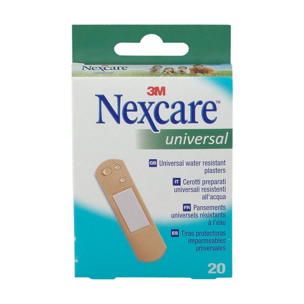 Vista frontale della confezione di cerotti Nexcare Universal resistenti all'acqua. Contiene 20 pezzi. Un cerotto è raffigurato.