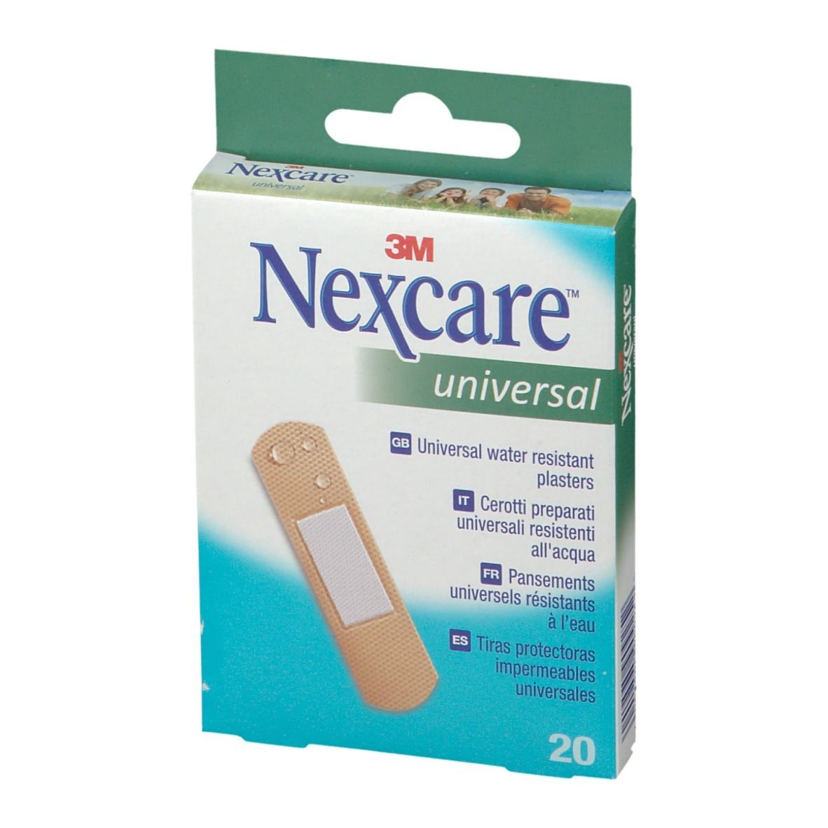 Vista frontale della confezione di cerotti Nexcare Universal resistenti all'acqua. Contiene 20 pezzi. Un cerotto è raffigurato.