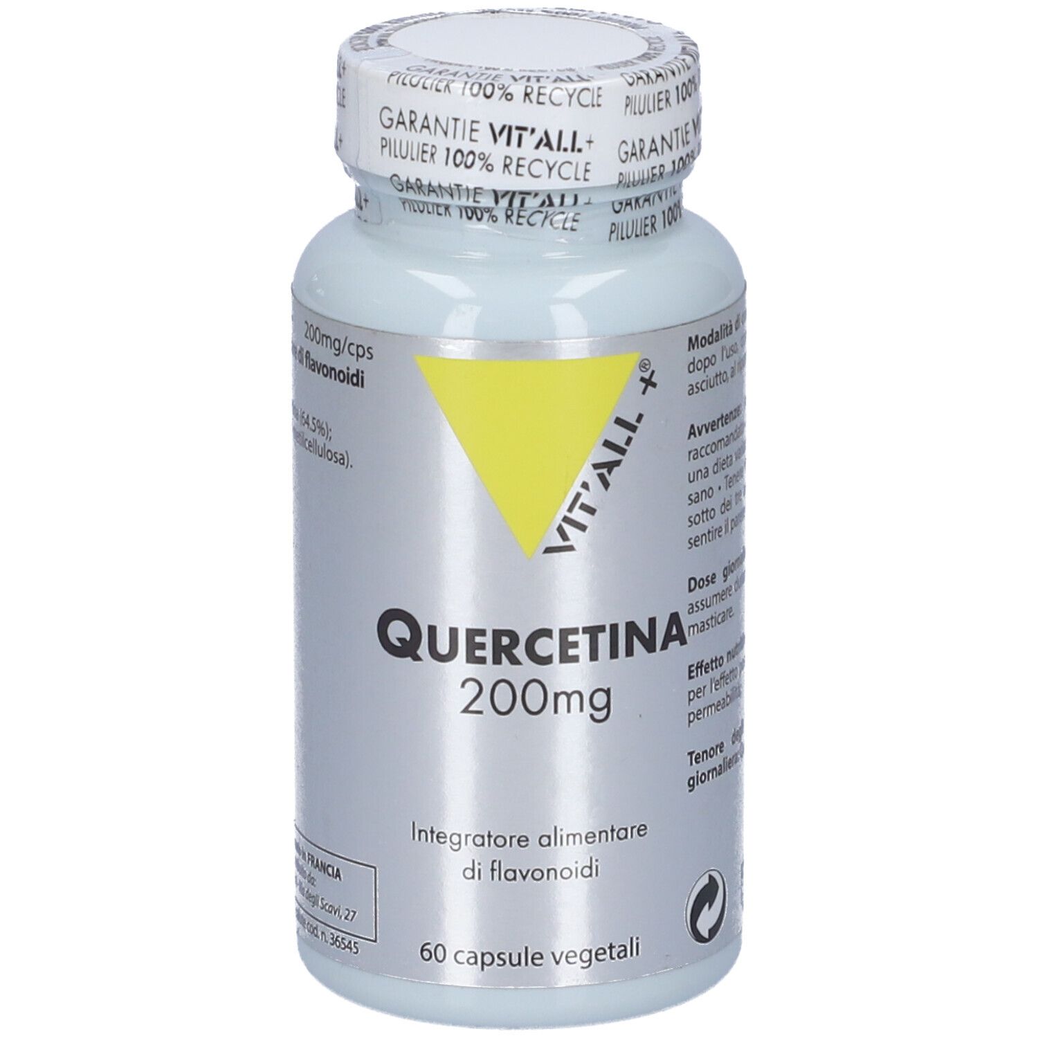 Flacone di capsule. Bianco. Scritta Quercetina 200mg. 60 capsule vegetali. Marchio Vit'All+. Triangolo giallo.