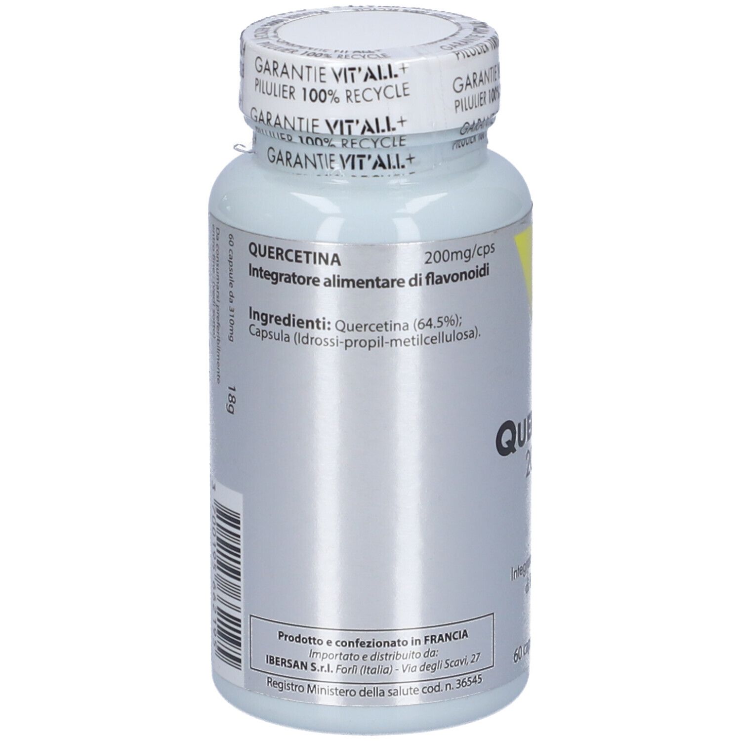 Flacone di capsule. Retro con testo. Ingredienti: Quercetina. 60 capsule. Marchio Vit'All+. Prodotto in Francia.