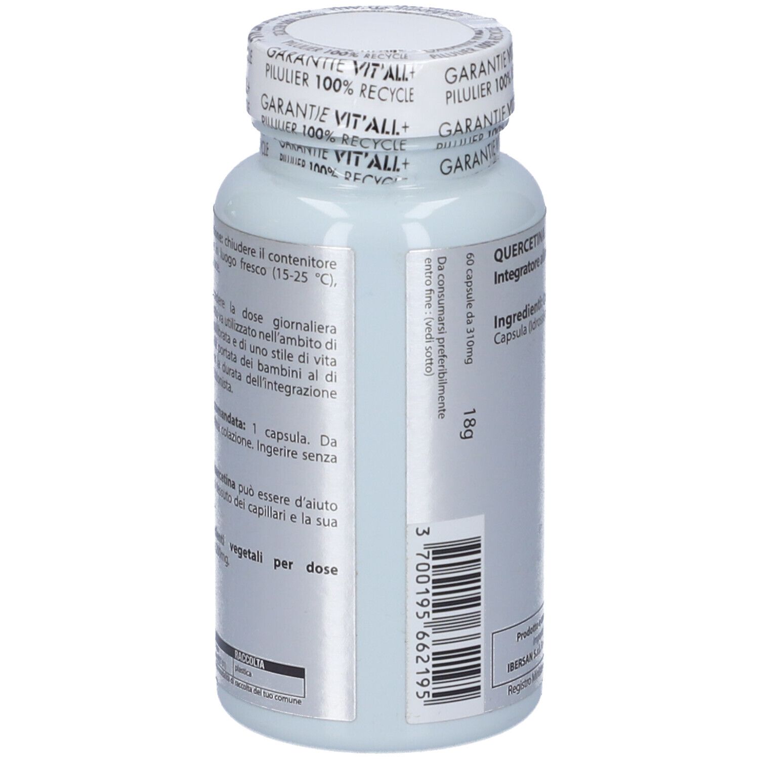 Flacone di capsule. Retro con testo. 60 capsule. Marchio Vit'All+. Dosaggio: 1 capsula. Prodotto in Francia.